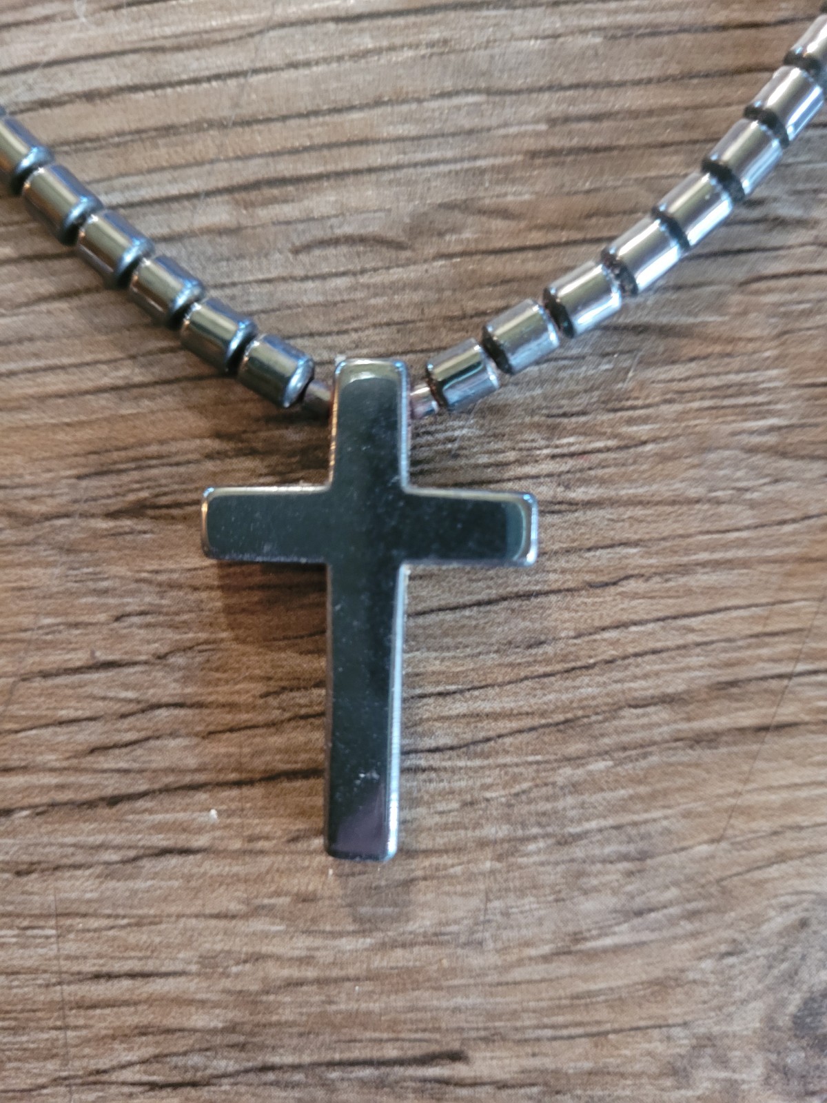 Hematite Stone Cross Pendant Beaded Necklace 16 in Vintage Strand Choker Collar
