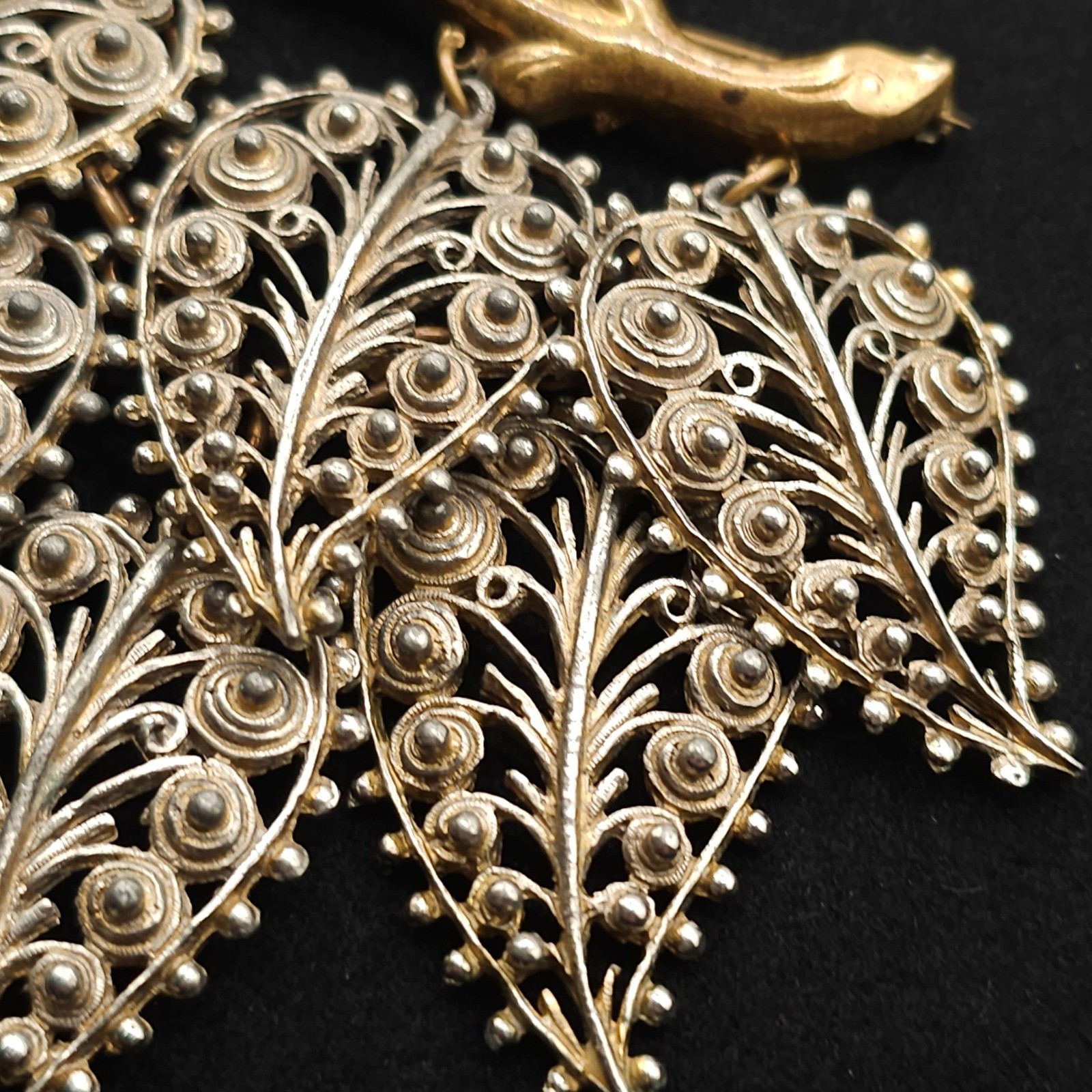 Vintage Filigree Dangle Leaf Brooch Statement Nature Gold & Silver Tone Ornate