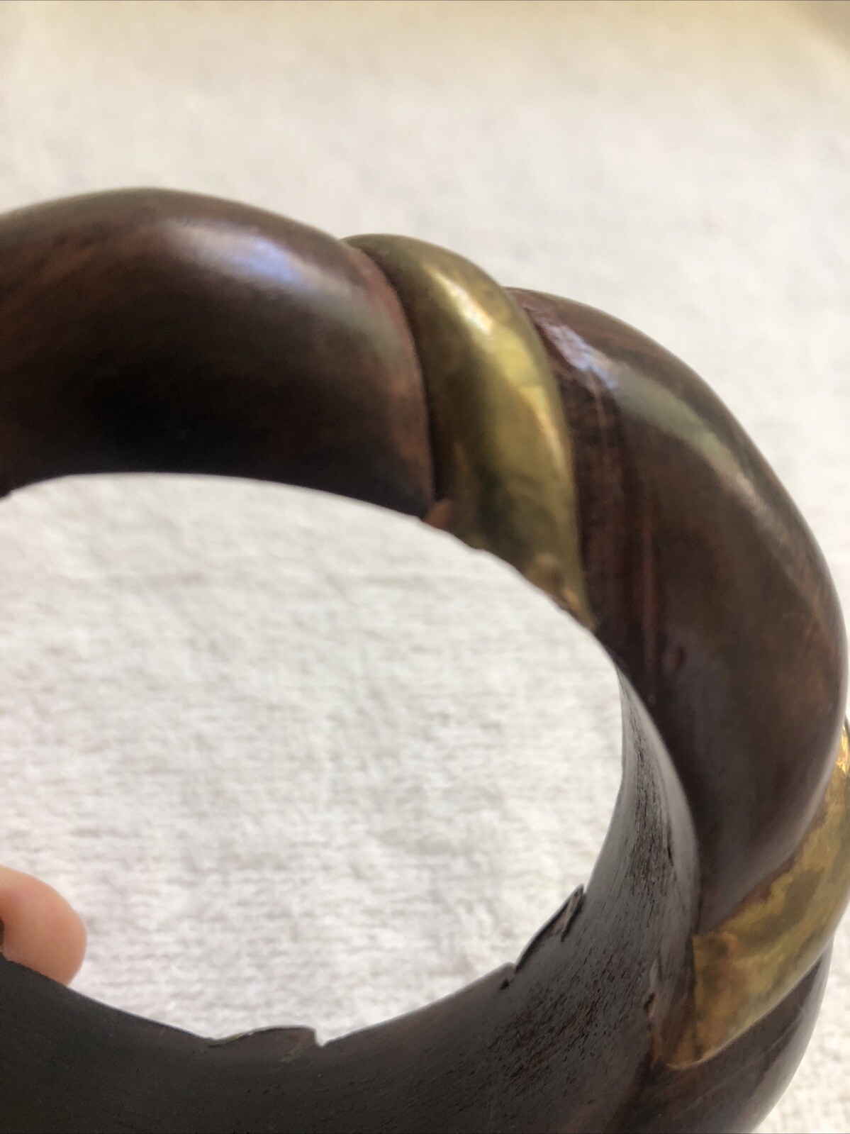 Vintage 1960’s Dark Brown Wooden Bangle with Gold Tone Metal Inlay Bracelet