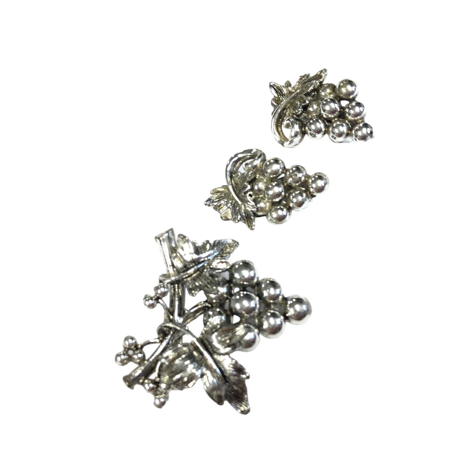 Vintage Rhinestone Bunch of Grapes Brooch and Clip on Earring Set Silver Tone