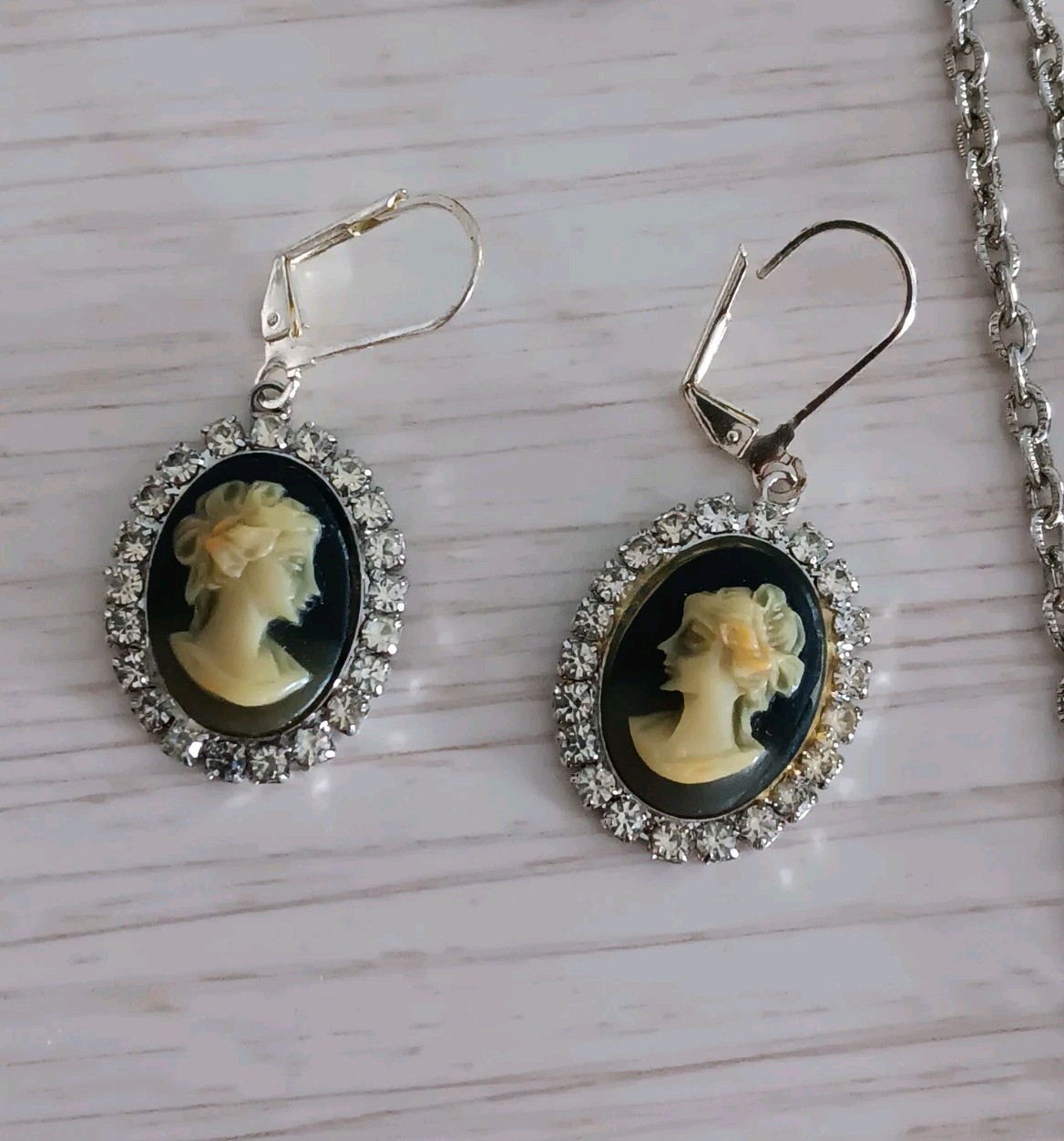 Vintage Park Lane Black & Clear Rhinestone Faux Cameo Set Brooch Ring & Earrings