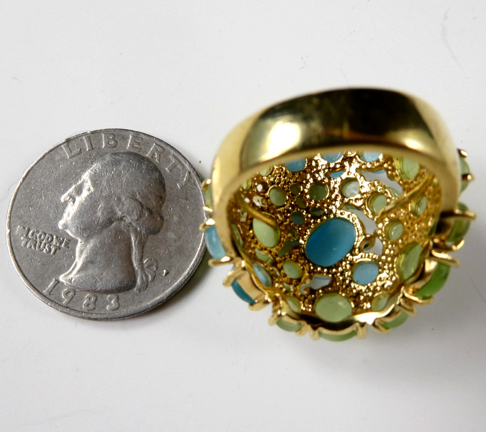 Pretty Blue & Lime Green Cocktail Ring Size 8 Moonstone Cabochons Gold Tone