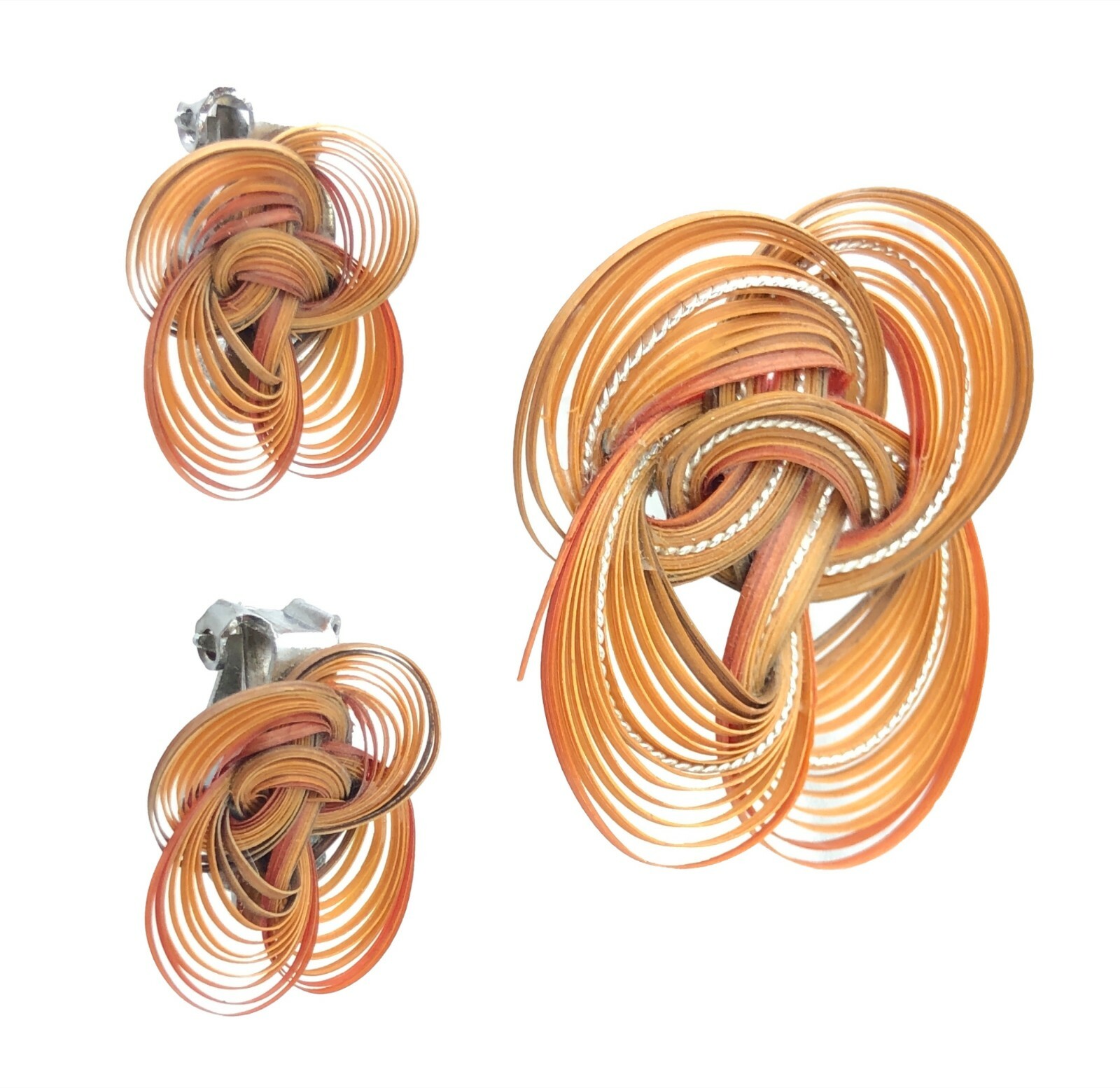 Vintage Retro Quilled Plastic Strip Brooch Clip-on Earrings Set Very Light 1970s