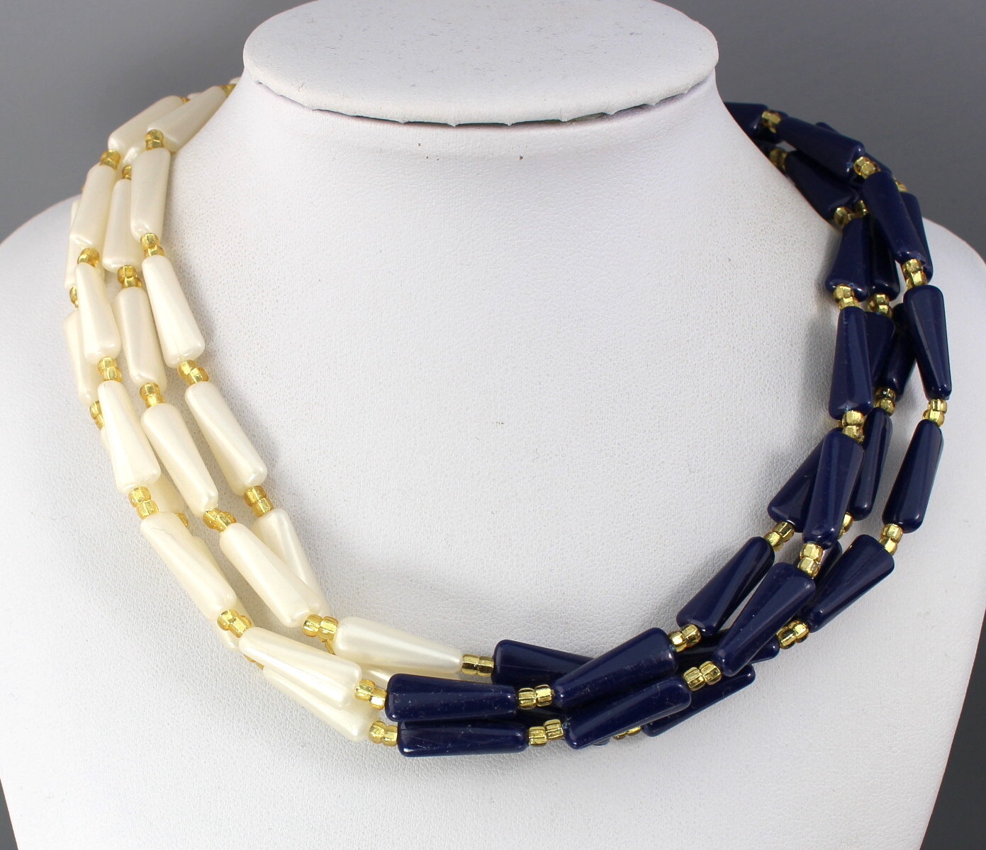 VINTAGE BLUE & OFF WHITE MULTI 4 STRAND NECKLACE & PIERCED EARRING SET