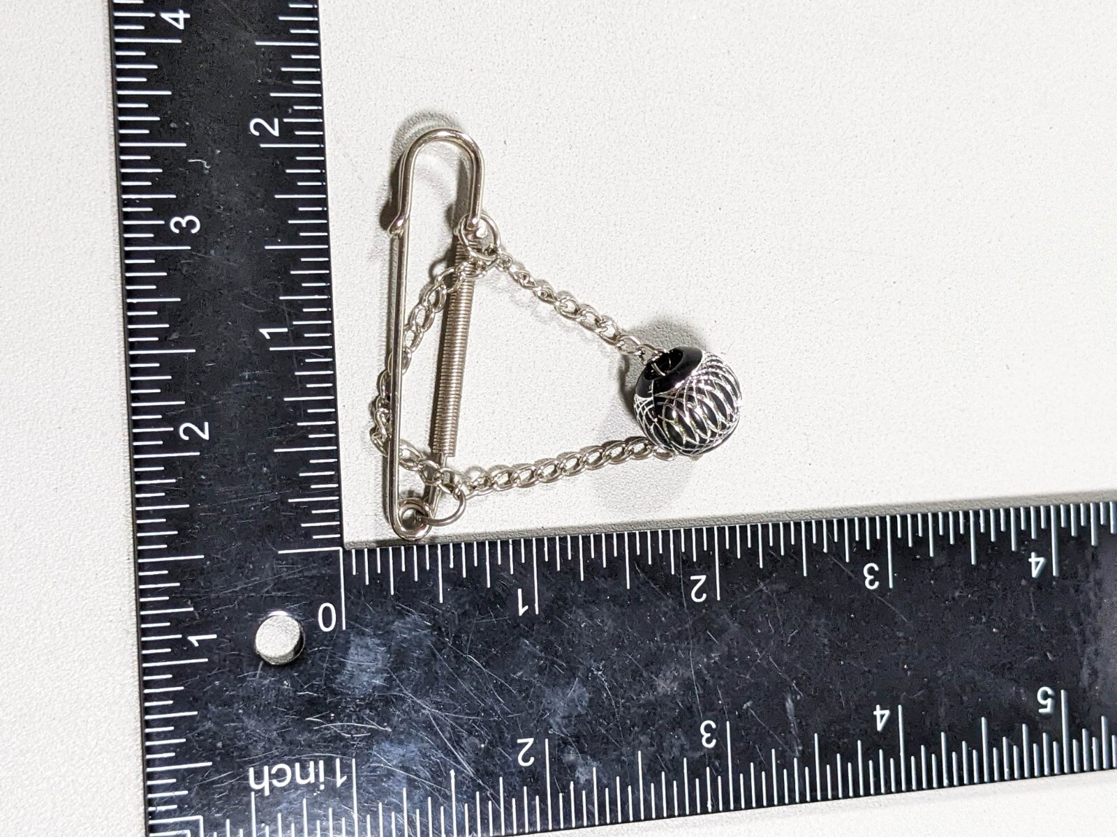 Silver Tone Safety Pin Brooch Charm Holder Black Bead with Chain