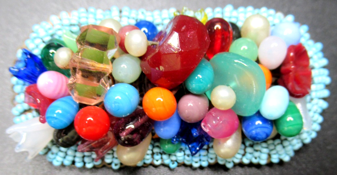 CZECH Amazing Colorful Glass Bead & Flowers Vintage Pin Brooch