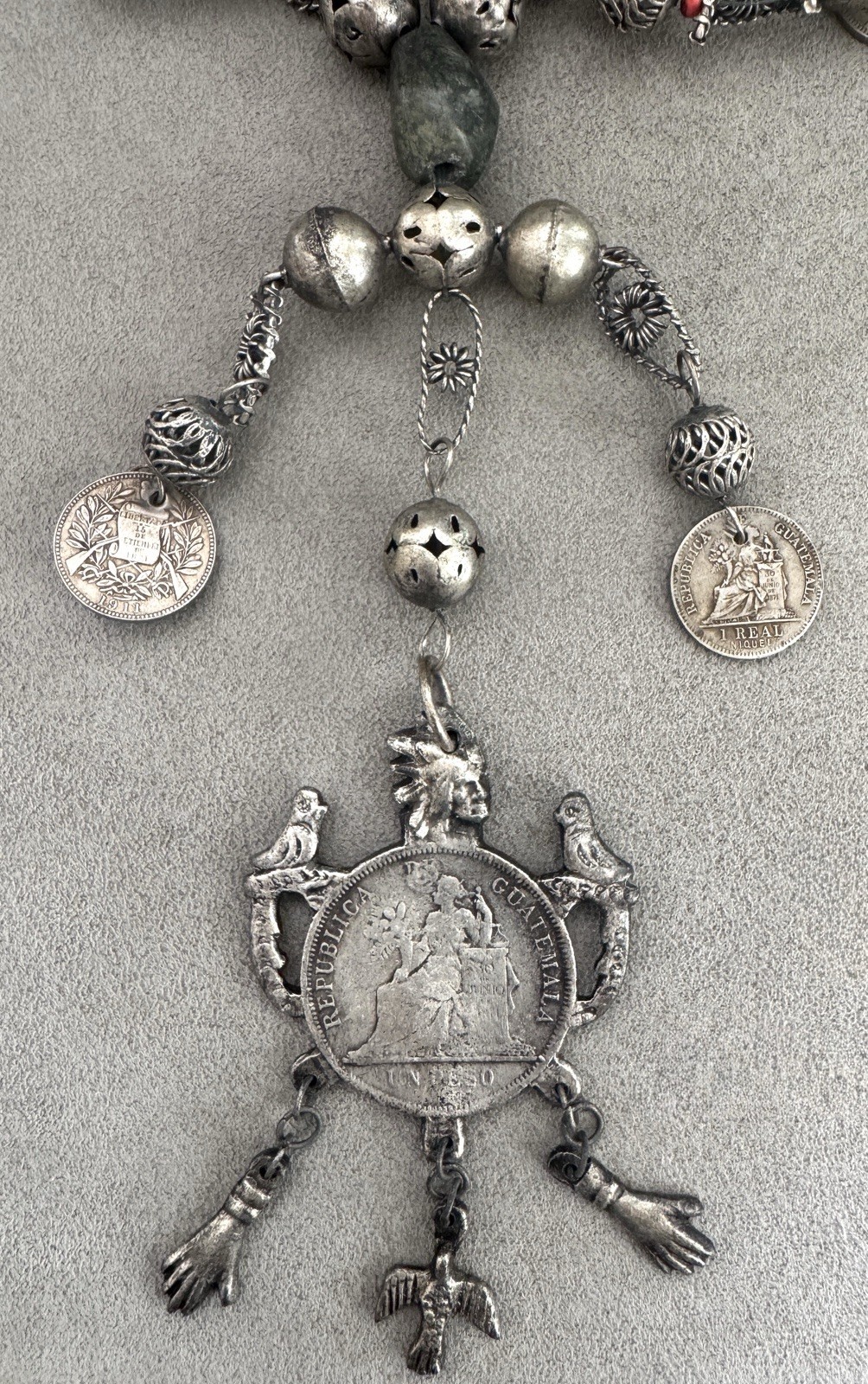 Vintage GUATEMALA 1894 Silver COIN NECKLACE Chachal MILAGROS Animal Charms Beads