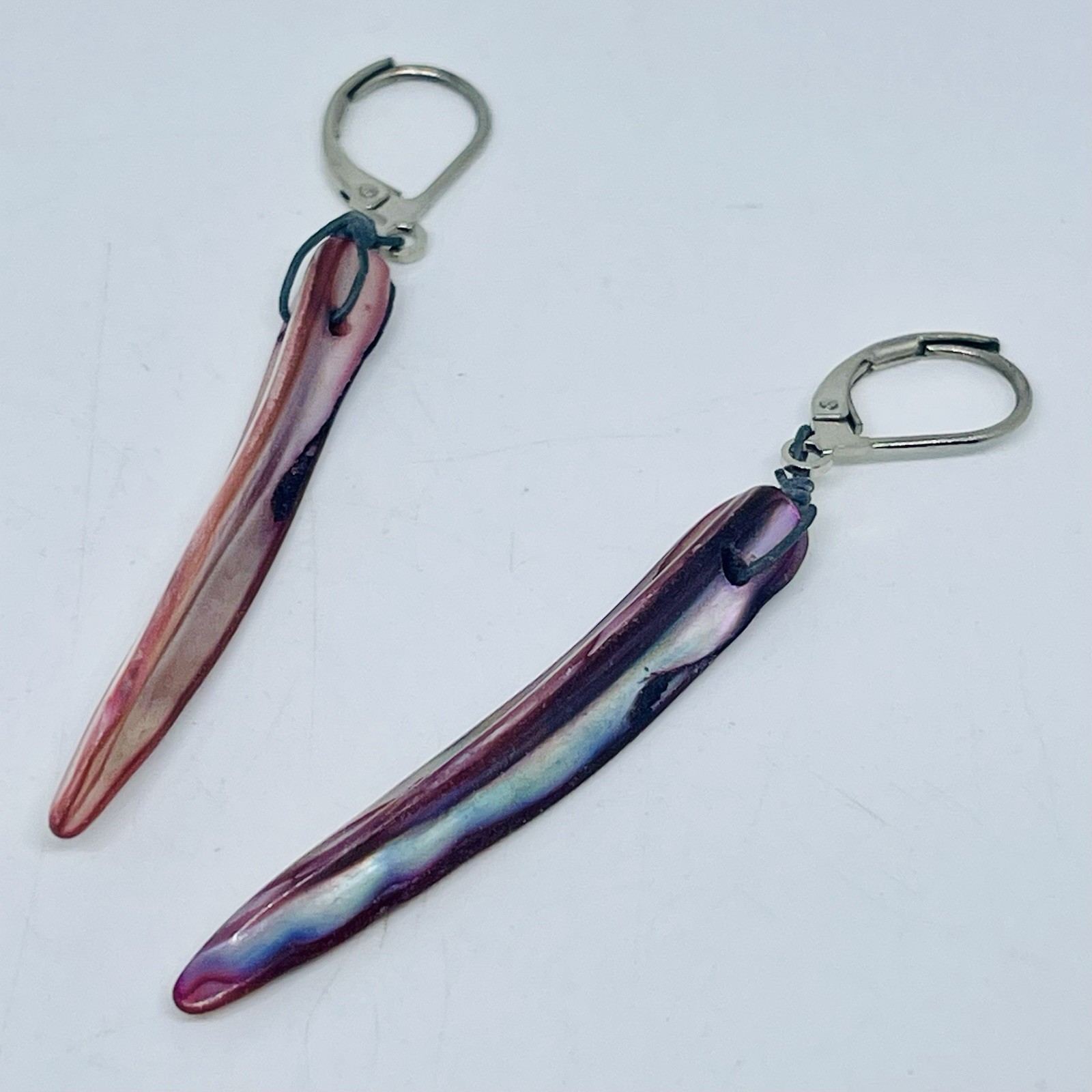 Vintage Colorful Pink Purple Blue Abalone Shell Talon Earrings Silver Leverback