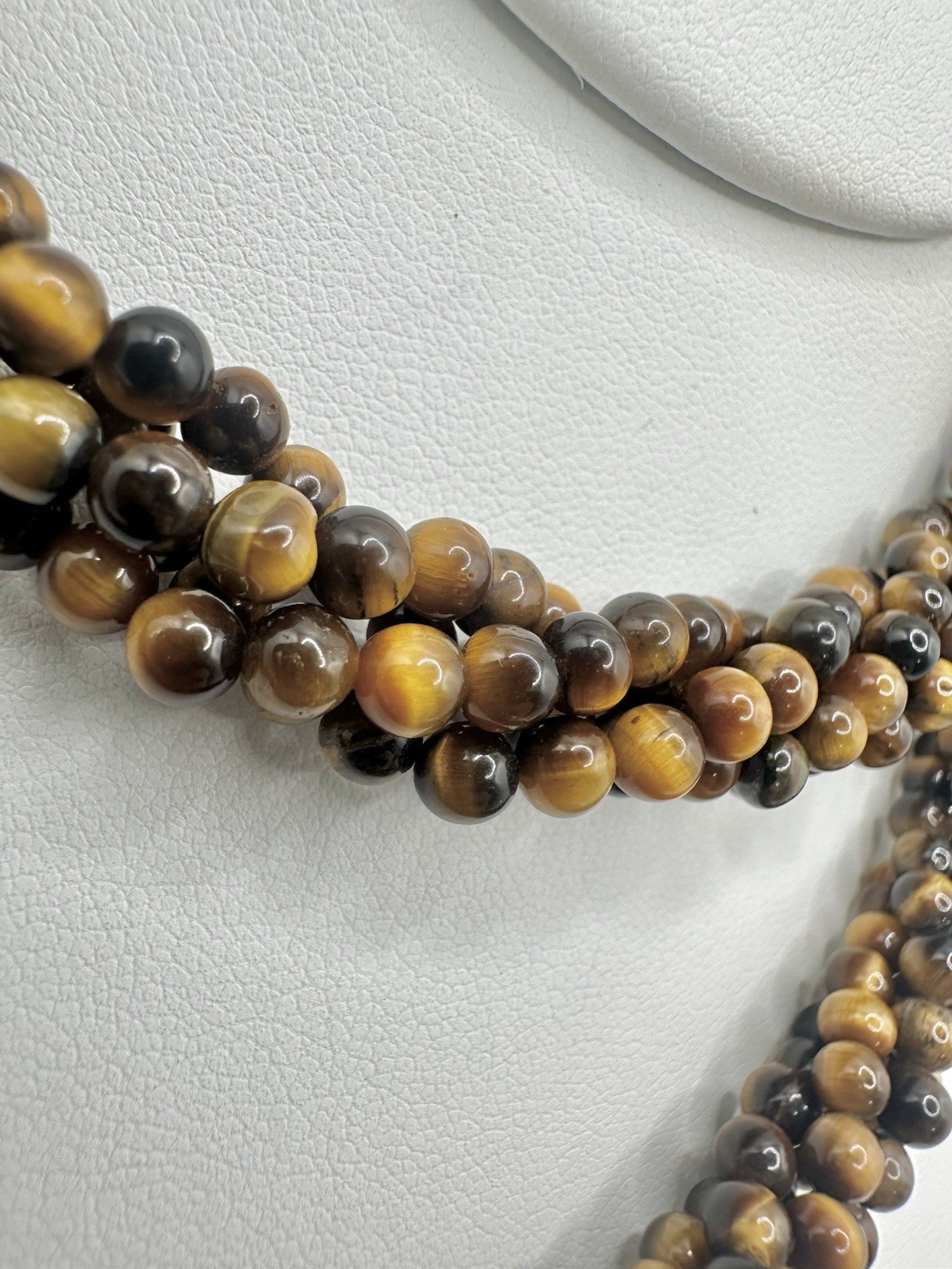 VTG 29In 4 Strand Tigers Eye Bead Necklace Caviar Gold Tone Fish Hook Clasp Read