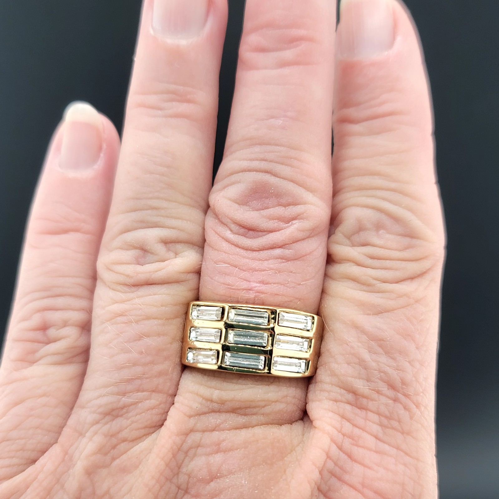 Vtg Sz 5 Ring Band Unsigned ESPO Rhinestones Baguettes 14KTGE Fashion Jewelry