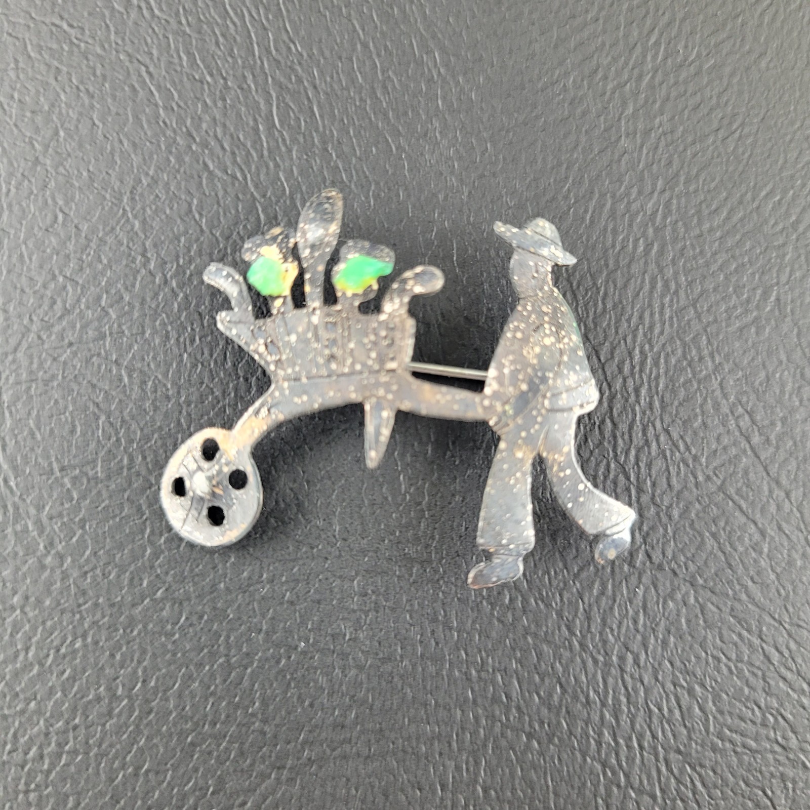 Vintage Man With Flower Cart Brooch Signed 980 Thin Silver Tarnished C Clasp