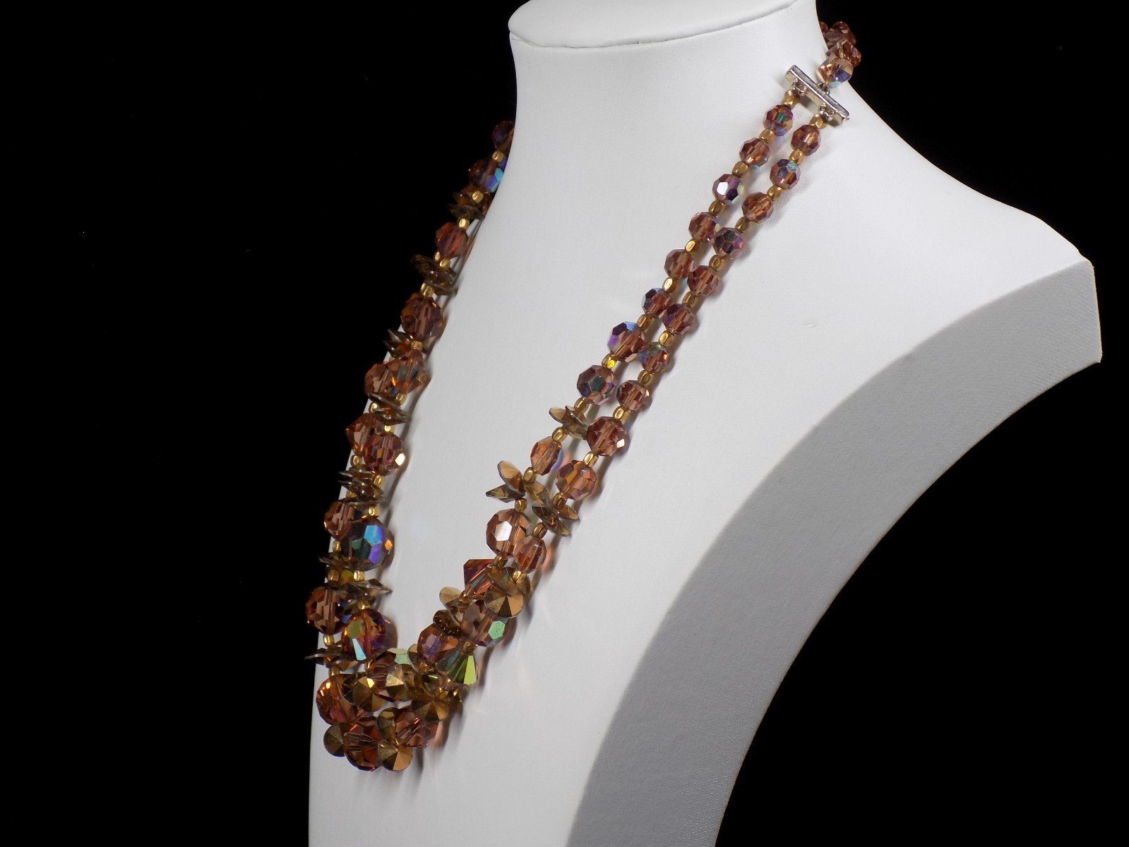 Vintage Crystal Necklace Golden Smoky AB Aurora Borealis Beads 2 Rows 16″ +1.5″