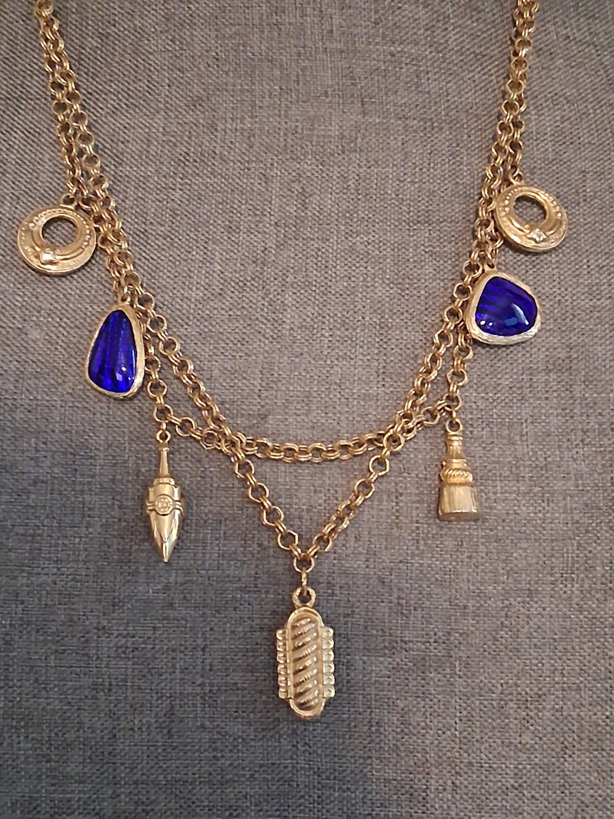 Cobalt blue poured glass dangle drop charm double strand necklace, vintage, 24″