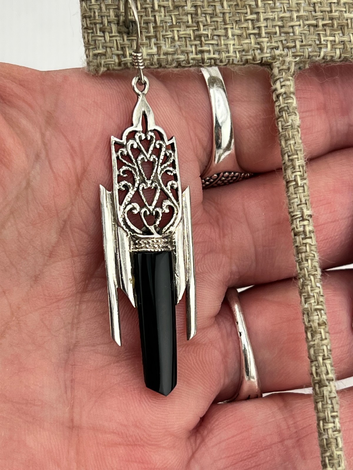 Art Deco Revival Black Onyx dangle earrings 925 Sterling silver EUC