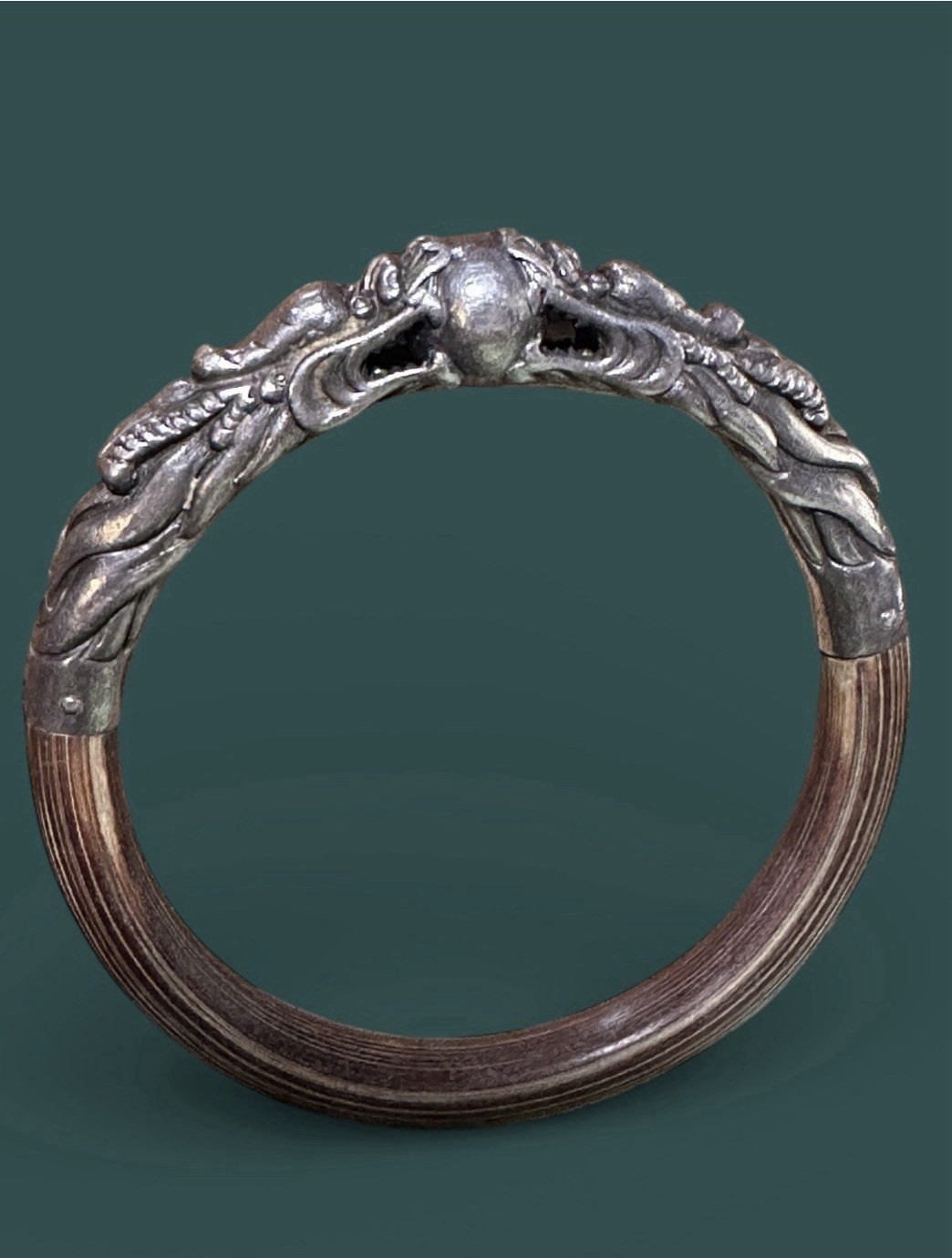 VTG Chinese Sterling Silver and Bamboo Double Dragon Bracelet/Bangle 7.5”