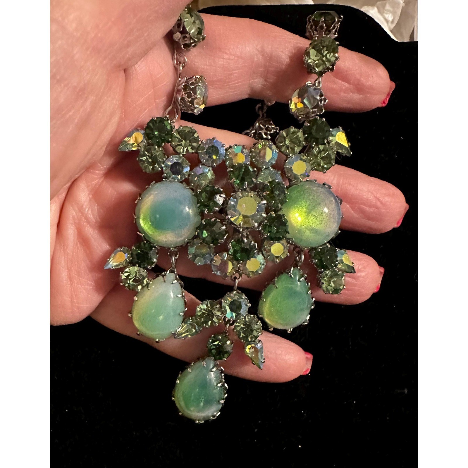 1950’s Austrian Crystal Rhinestone Statement Necklace Green AB Schoffel