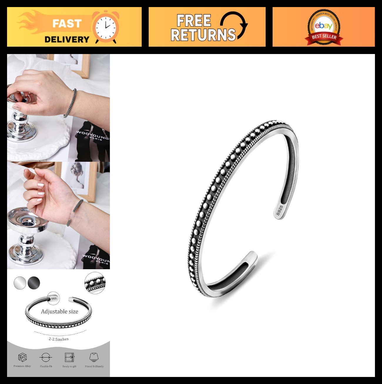 Vintage Silver Cuff Bangle Bracelet – Adjustable Open Design, Carved Dot, Boho J