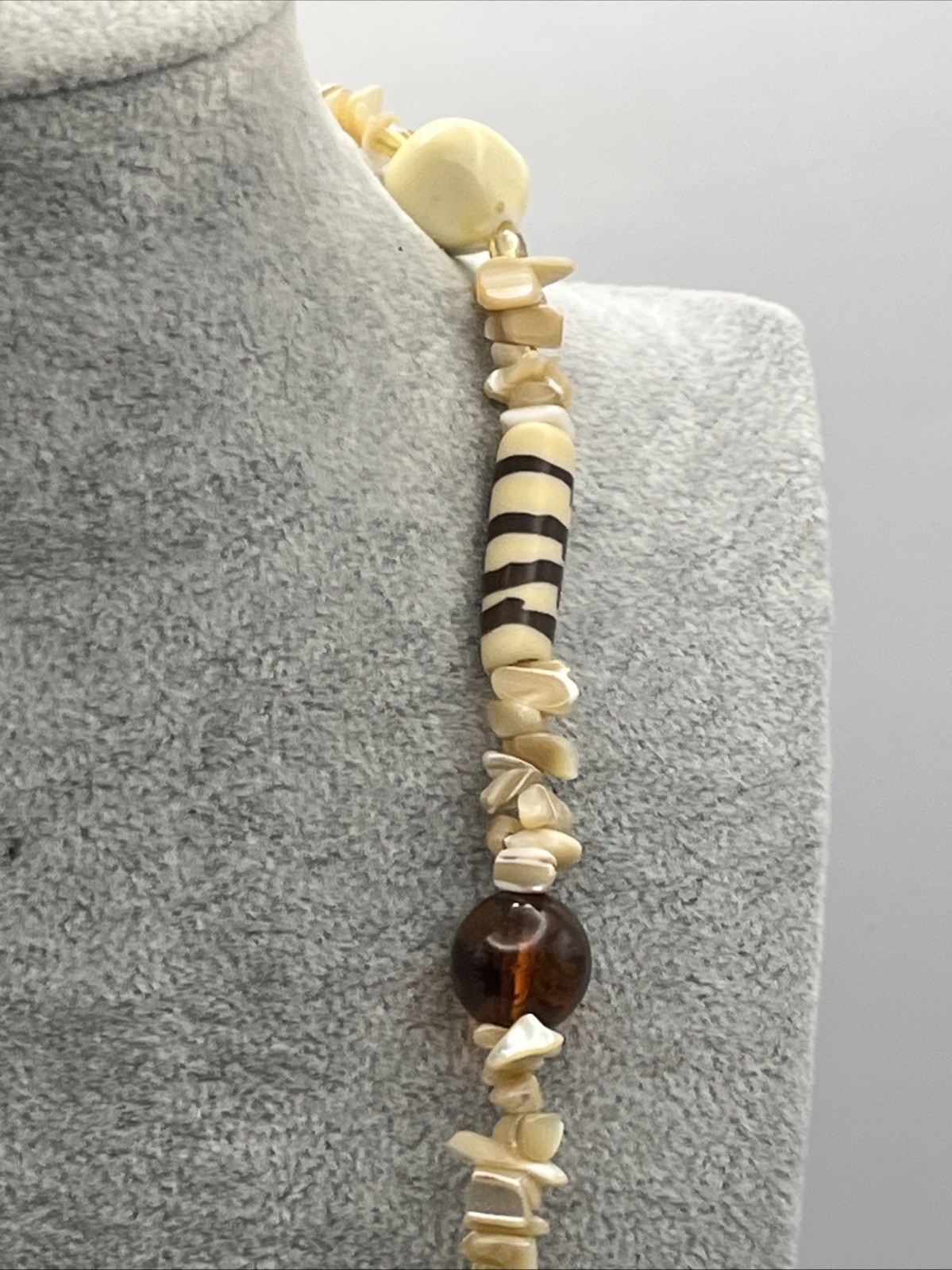 Vintage Shell And Acrylic Animal Print Carved Elephant Asymmetrical Necklace