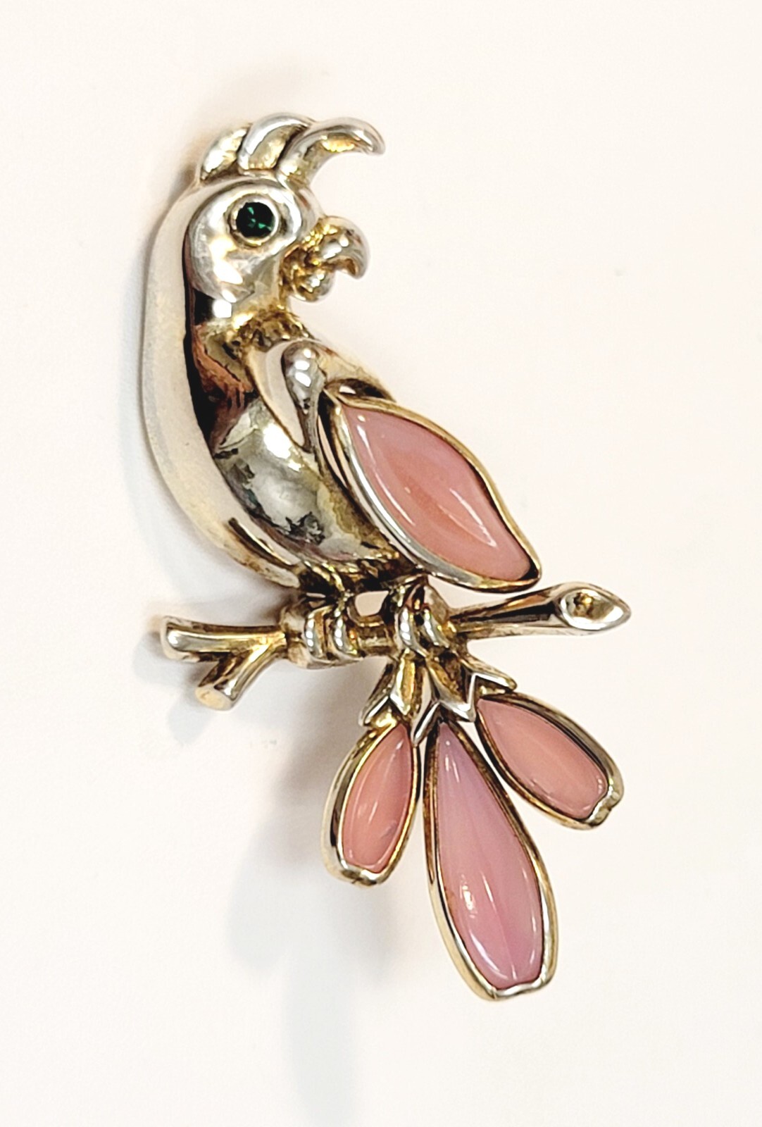 Vintage Trifari Pink Glass Petalette Parrot Brooch Green Rhinestone Eye
