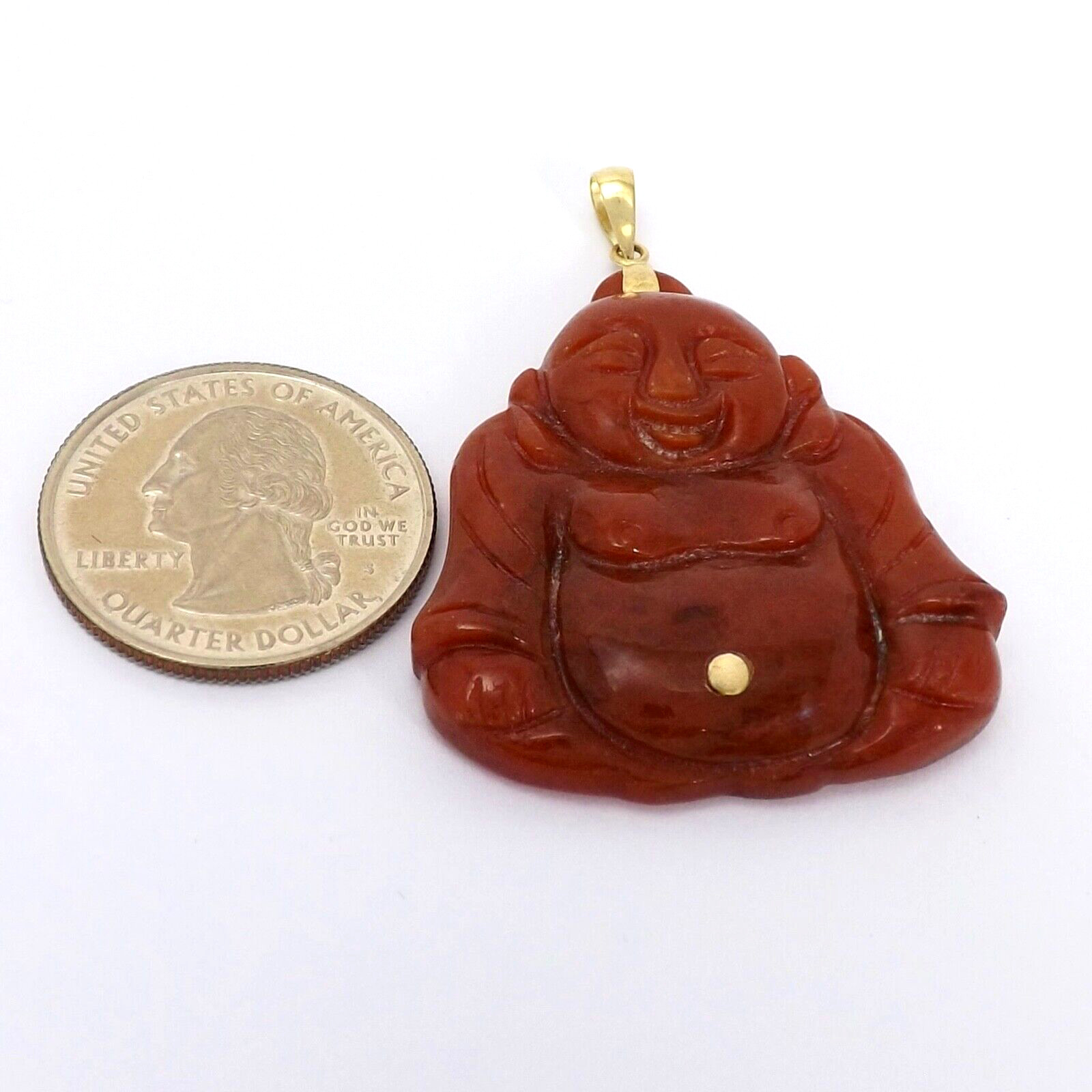 14k Gold Red Jade Laughing Happy Buddha Charm Pendant