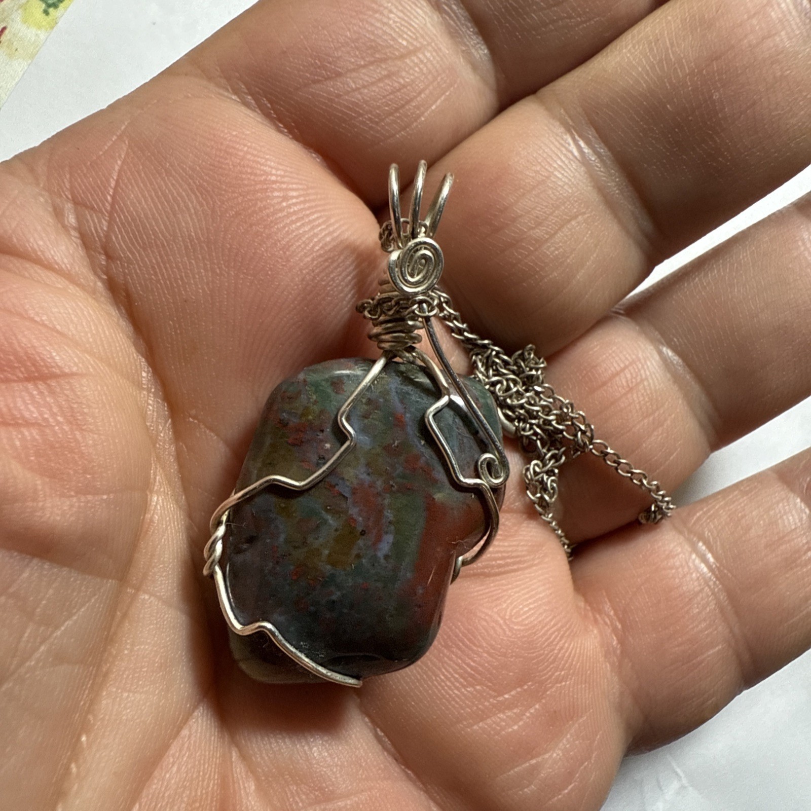 Necklace Bloodstone Big 25ct Solitaire Vintage Sterling Silver 18” Chain