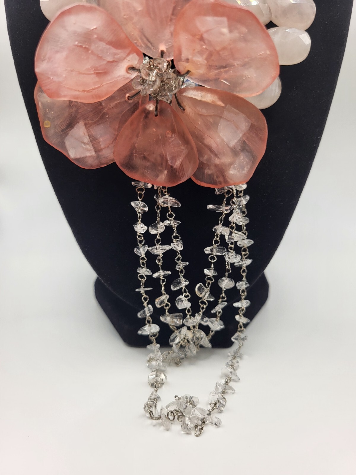 STUNNING Vintage MAYA Faceted Rose Quartz Rock Crystal Large Flower Necklace