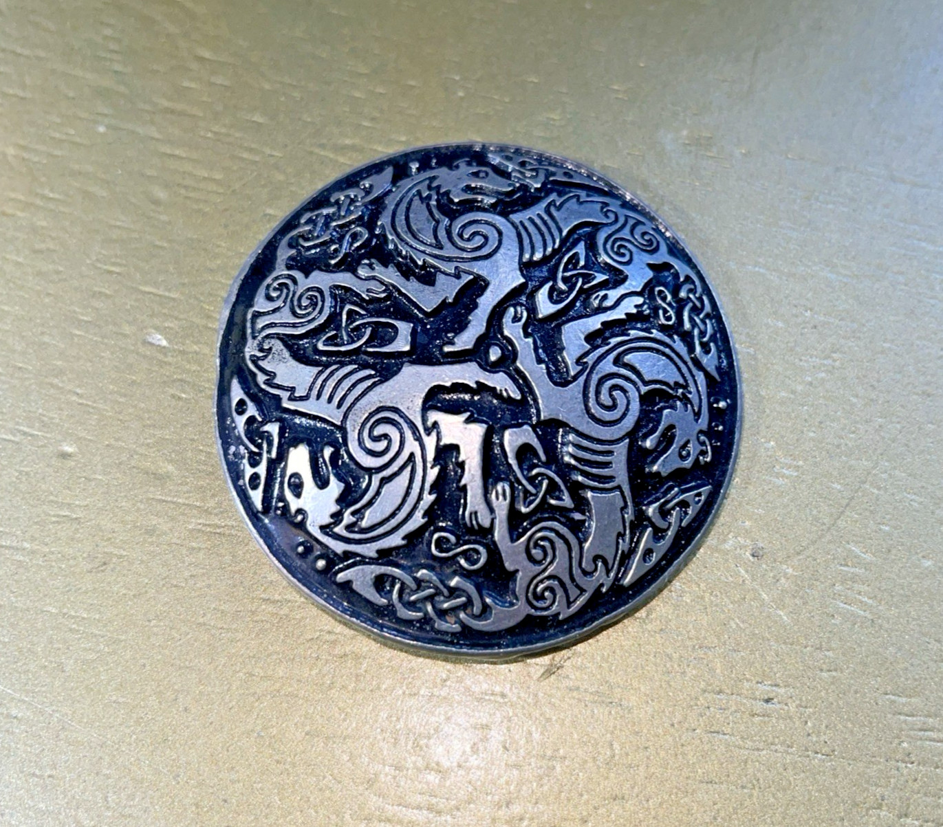 Celtic Wolf Brooch Pewter Pin with Intertwined Wolves 2.25 Inches Long