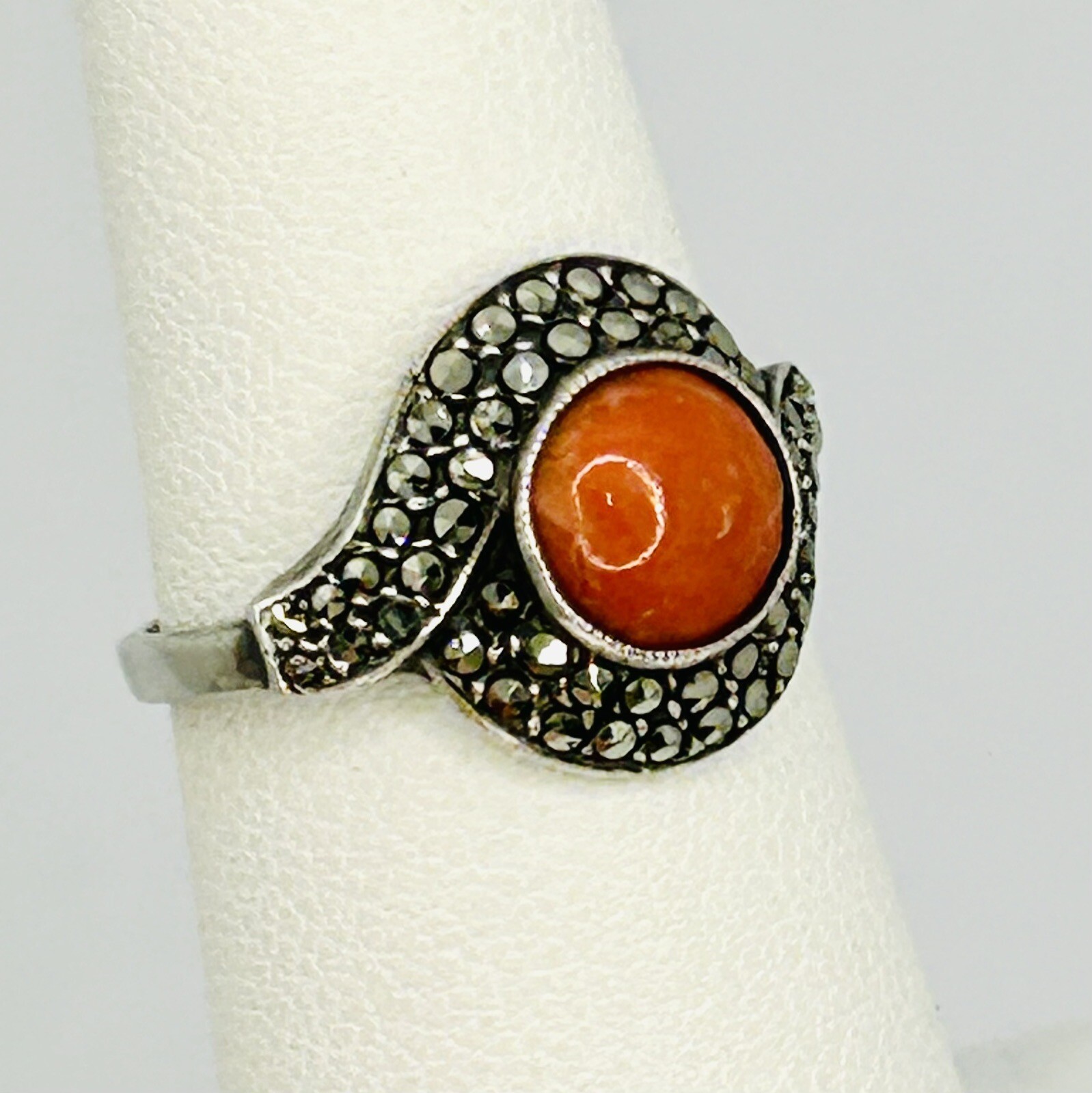 Vintage Sterling Silver Cabochon Coral & Marcasite Ring Sz 5.5