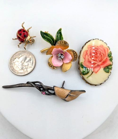 Vintage Flower Brooch Lot Rose Ladybug Enamel Floral Pins 4 Piece Collection