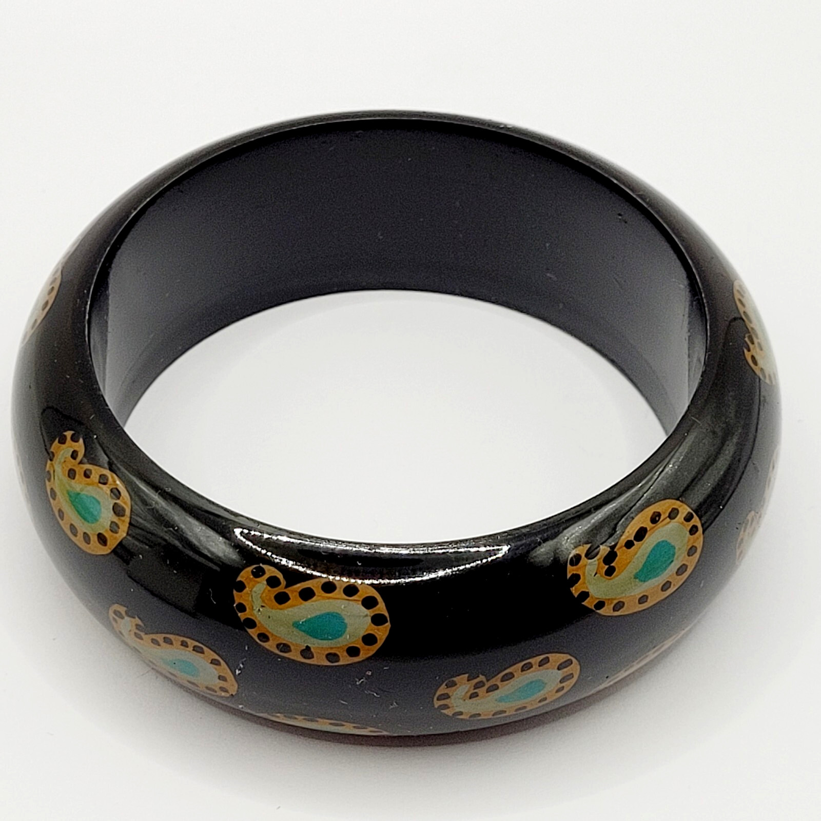 Paisley on Black Vintage Wide Chunky Vintage 1980s Acrylic Bangle Bracelet 8 In