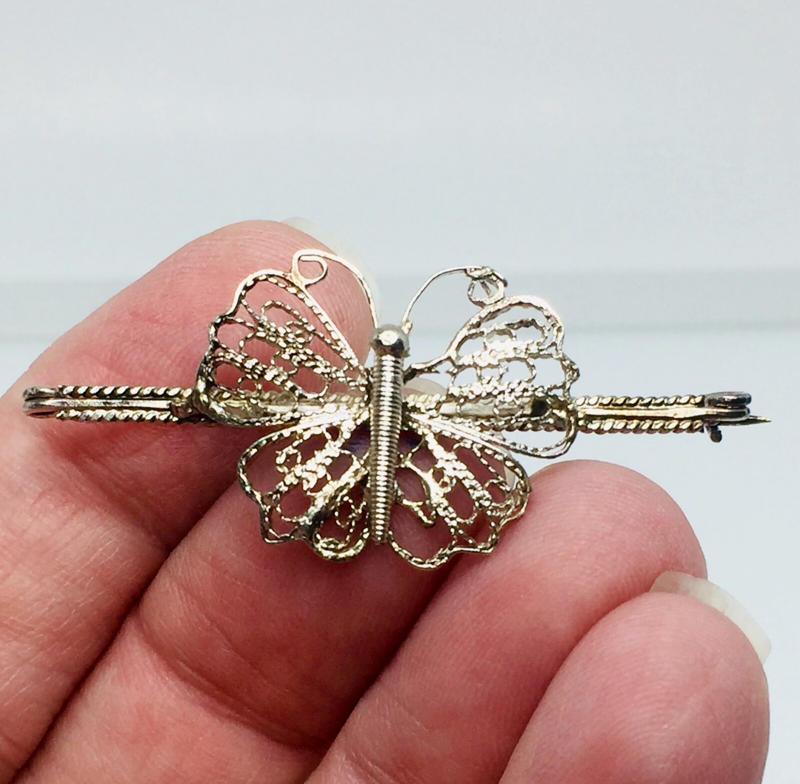 Victorian Sterling Filigree Butterfly Bar Pin with C Clasp