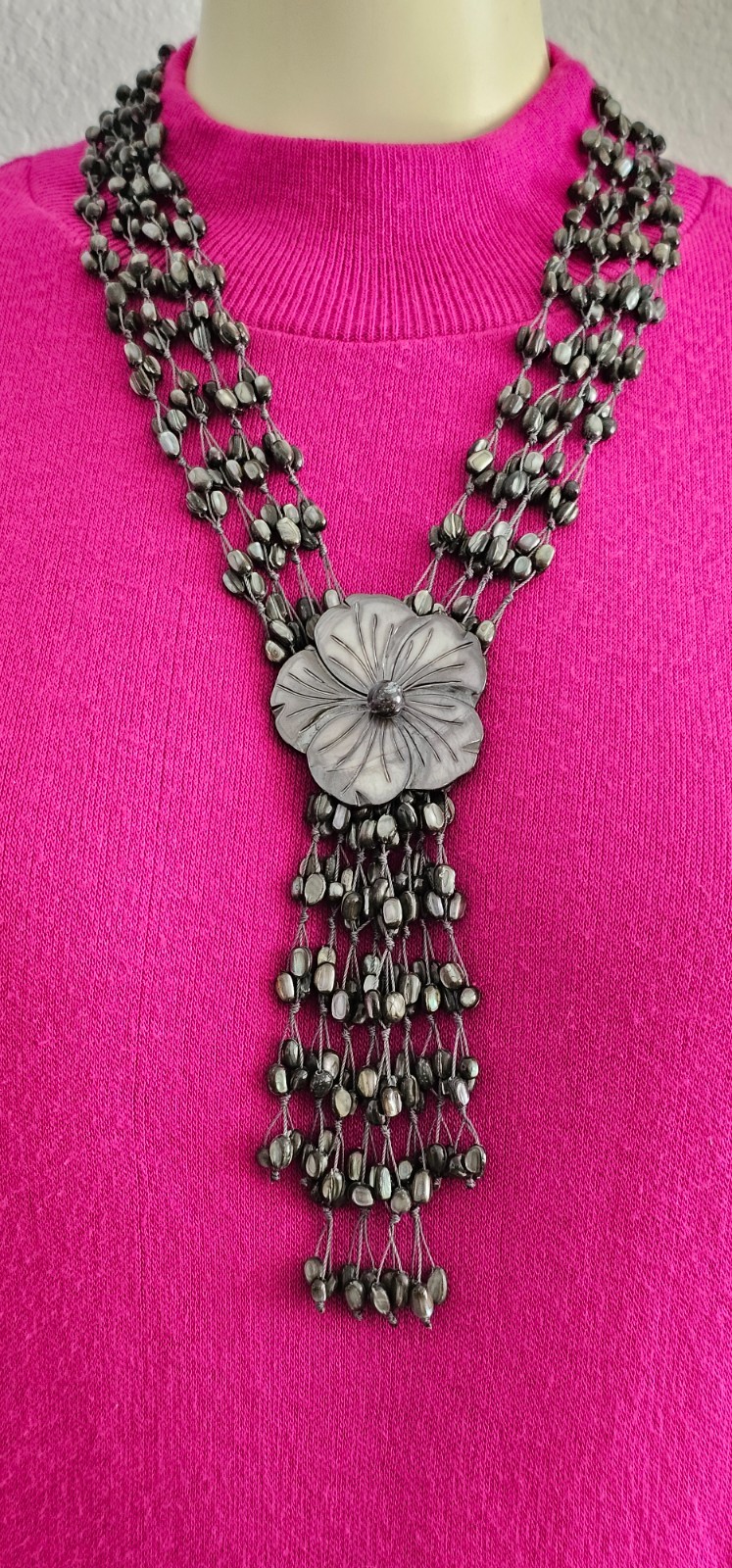RARE VINTAGE Mother Pearl necklace shiny different gray shapes 4 strand 18