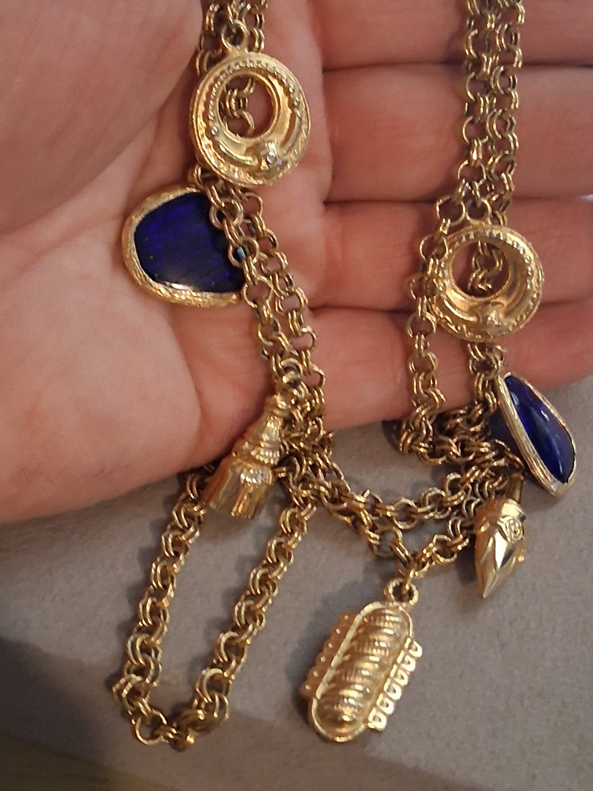 Cobalt blue poured glass dangle drop charm double strand necklace, vintage, 24″