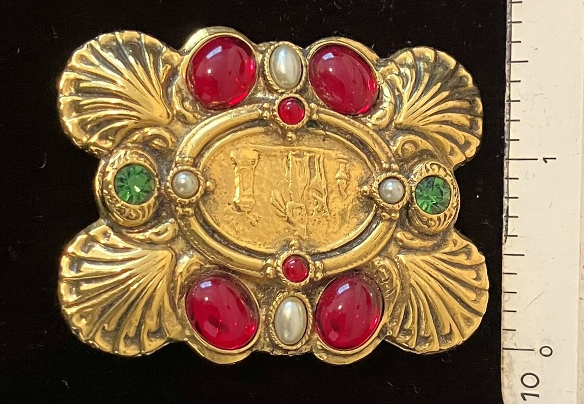 Vintage Egyptian Revival Brooch – Red Cabochon Faux Pearl Figural Medallion Pin