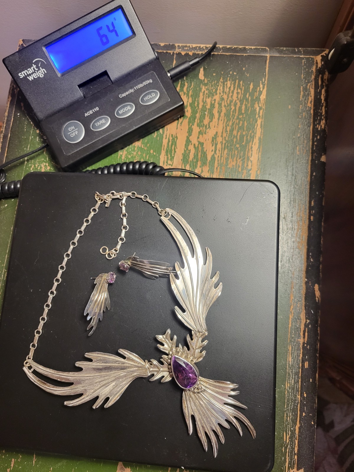 SET: CAROL FELLEY STERLING NECKLACE & EARRINGS, AMETHYST ABSTRACT BIRD RARE