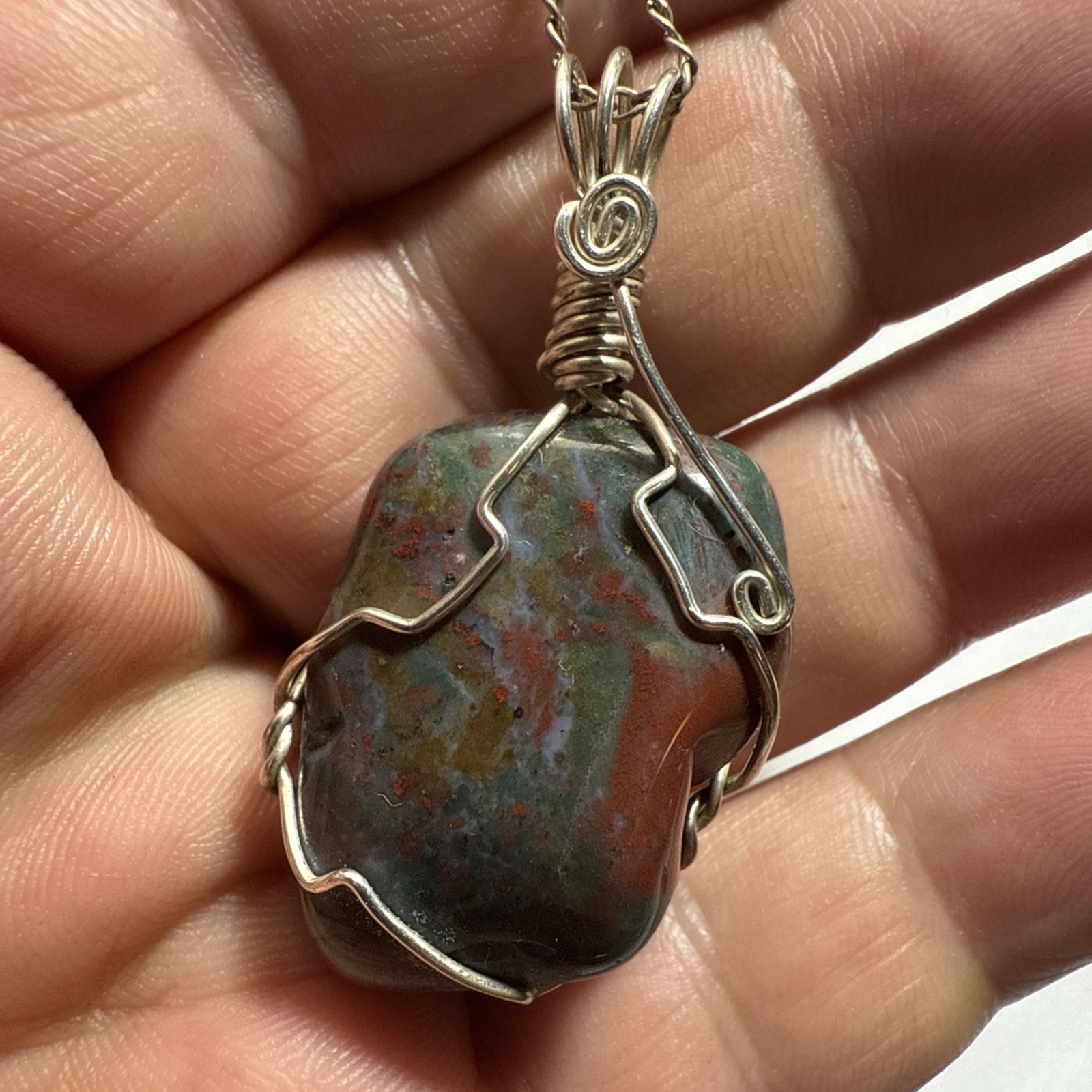 Necklace Bloodstone Big 25ct Solitaire Vintage Sterling Silver 18” Chain