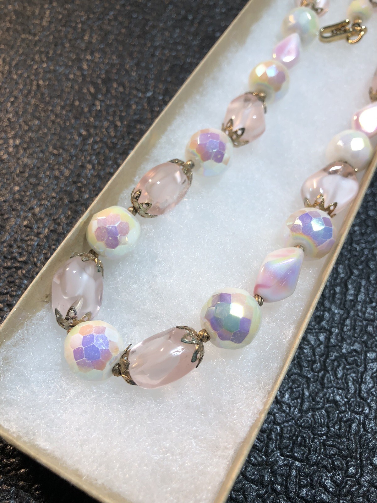 VTG Costume Jewelry Signed TRIFARI Charm,MOP Pinks,Purples,Greens Necklace 17.5”
