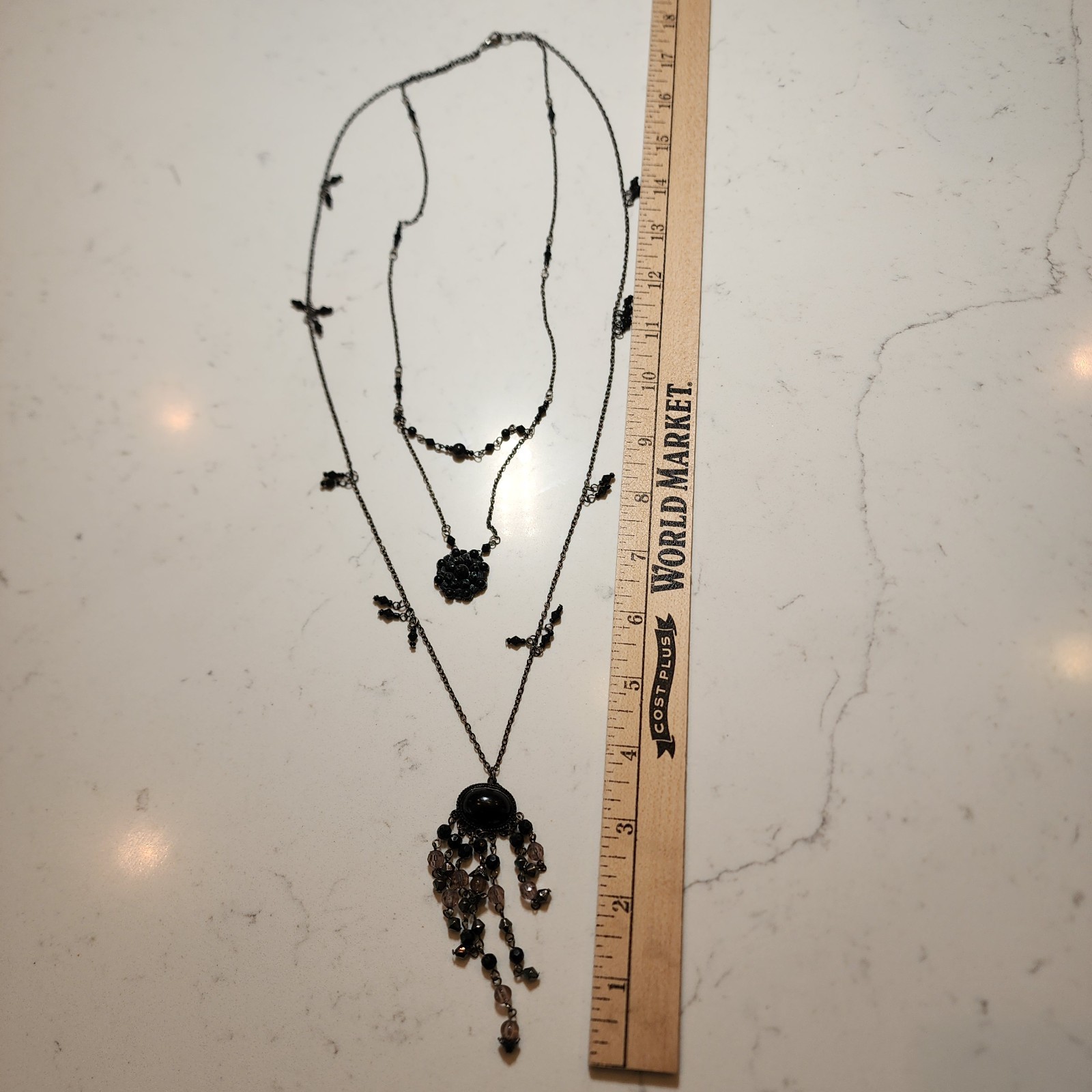 VTG Victorian Style 3 Layer 32″ Necklace Black with Silver Tone