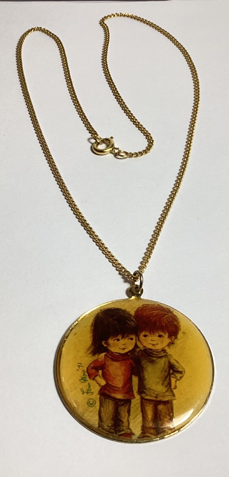 RETRO 1971 SIGNED FRAN MOR “MOPPETS” NECKLACE 19” LENGTH BOY/GIRL MEDALLION