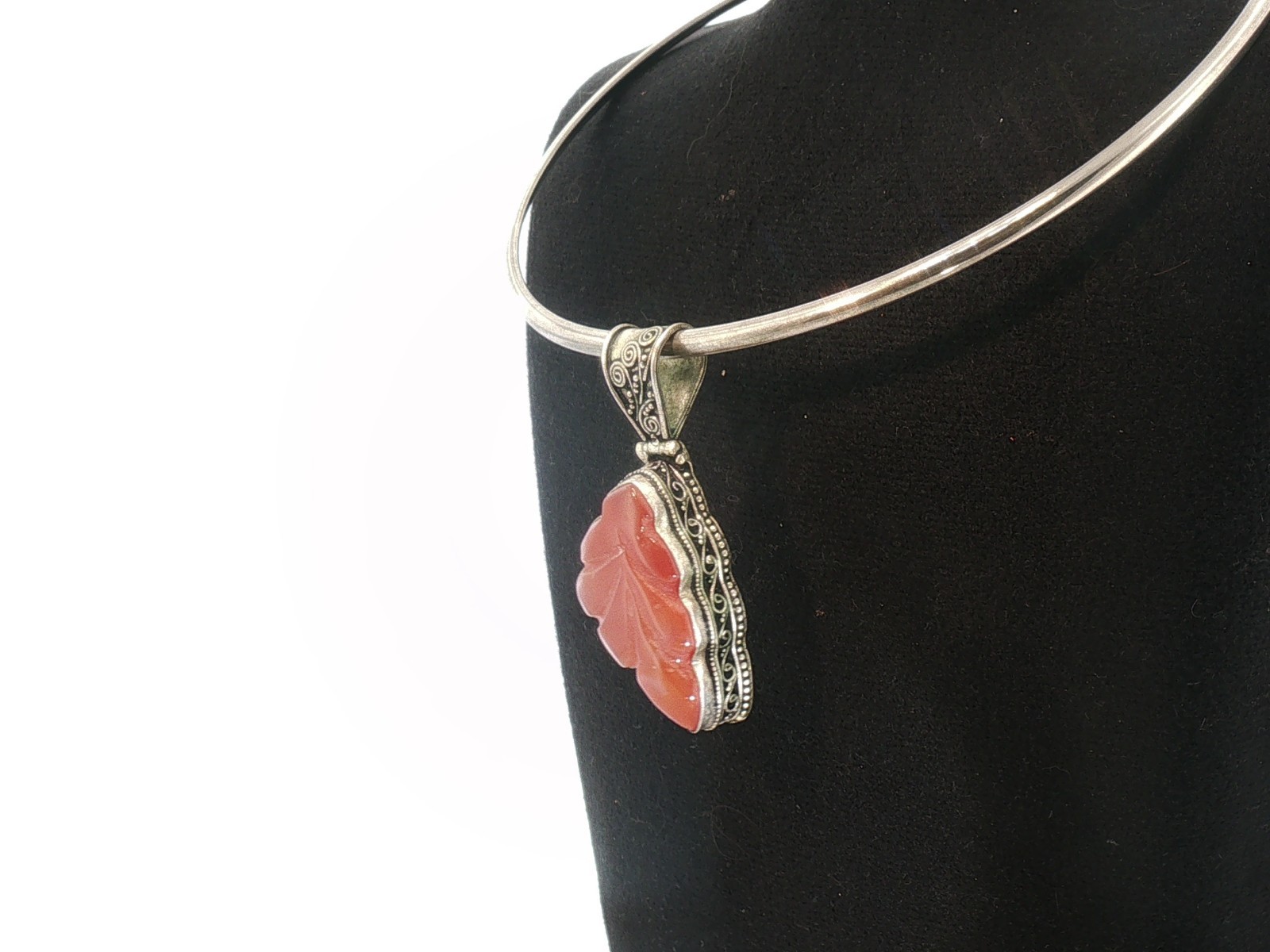 Vintage Sterling Silver Necklace Carved Carnelian Leaf Pendant Ornate Bail