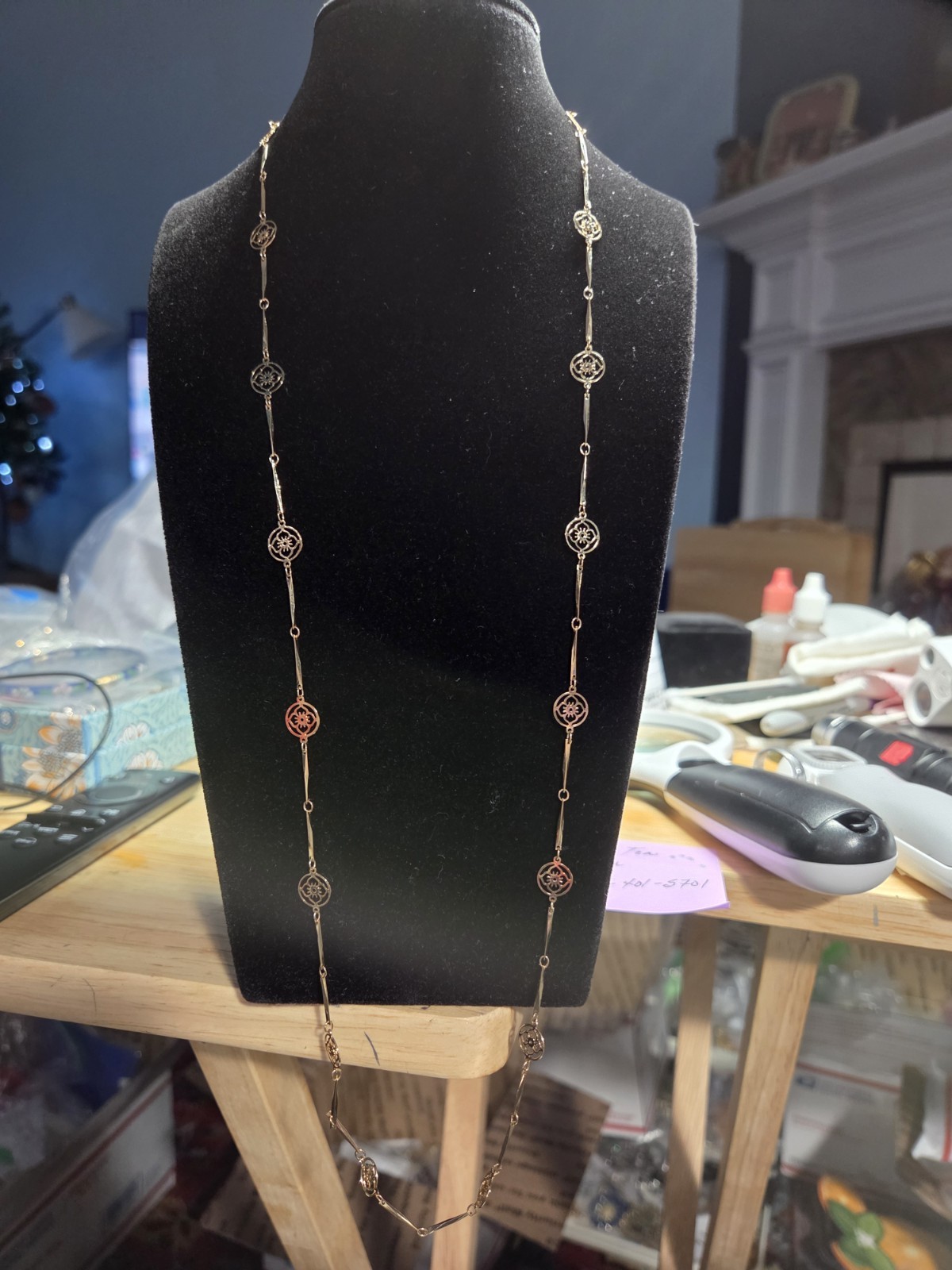Gold Tone Floral Station Necklace 26″ Twisted Bar Link Delicate Openwork