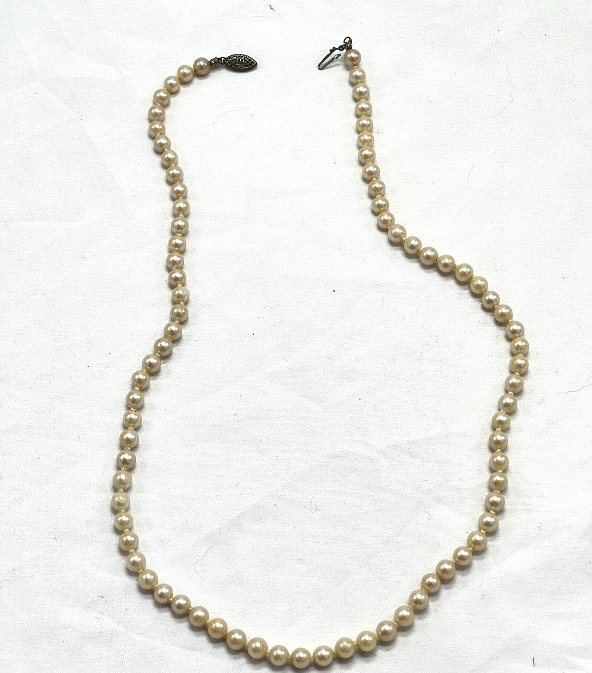 Antique/Vintage Hand Knotted Faux Pearl Necklace Sterling Fish Hook Filigree Cla