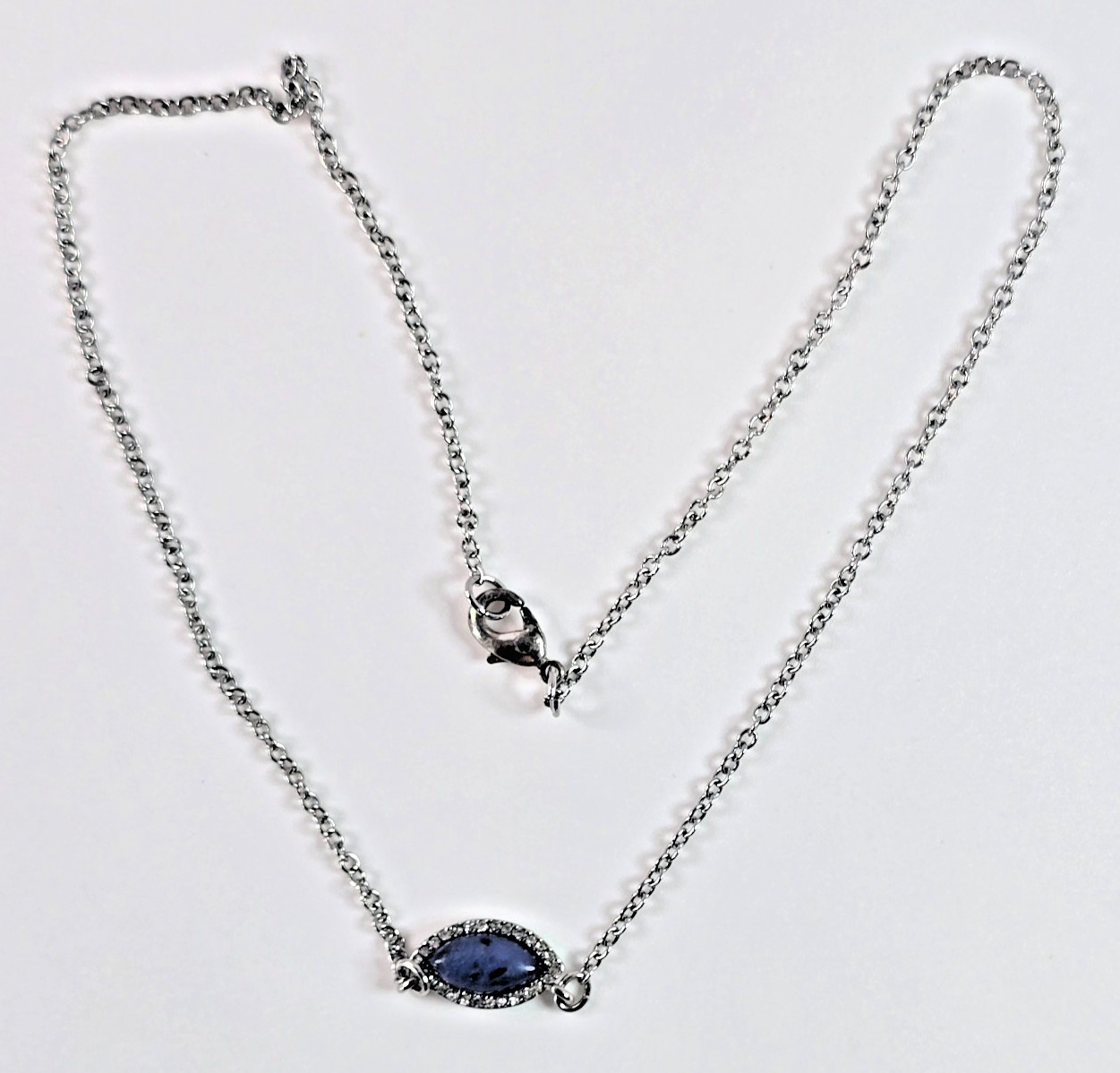 Vntg Blue Iolite Marquise Cabochon Necklace Silver Tone Pavé Rhinestone 18 In