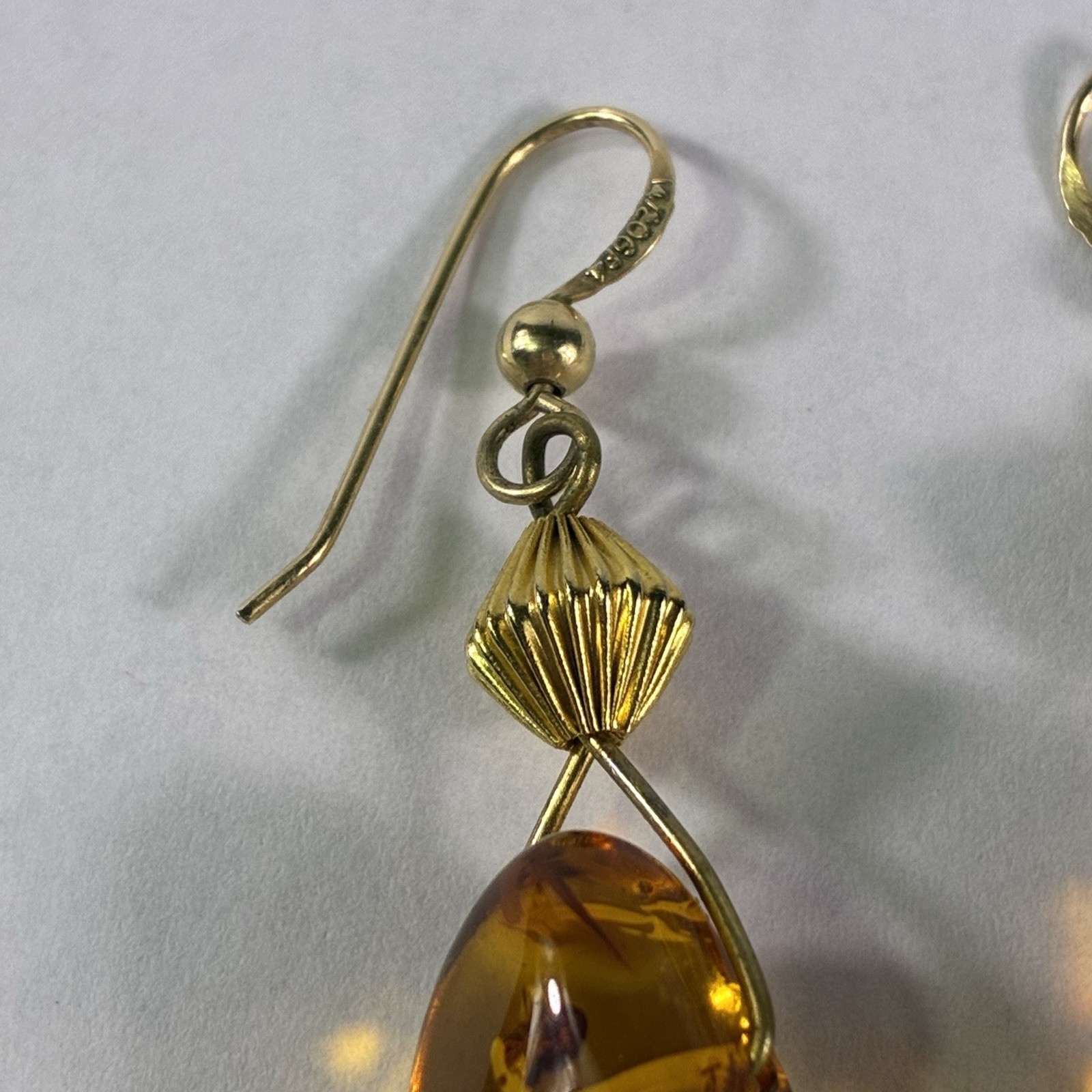 14K Gold Genuine Baltic Honey Amber Yellow Dangle Drop Earrings Art Deco