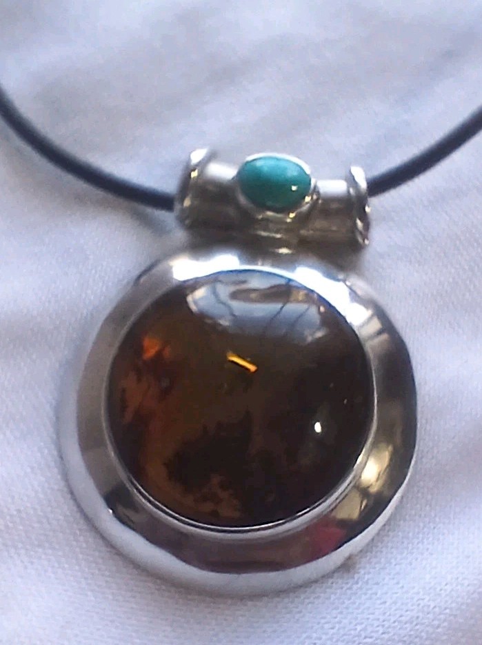 Vintage 1980’s Amber Turquoise And 950 Silver Pendant on Leather Cord