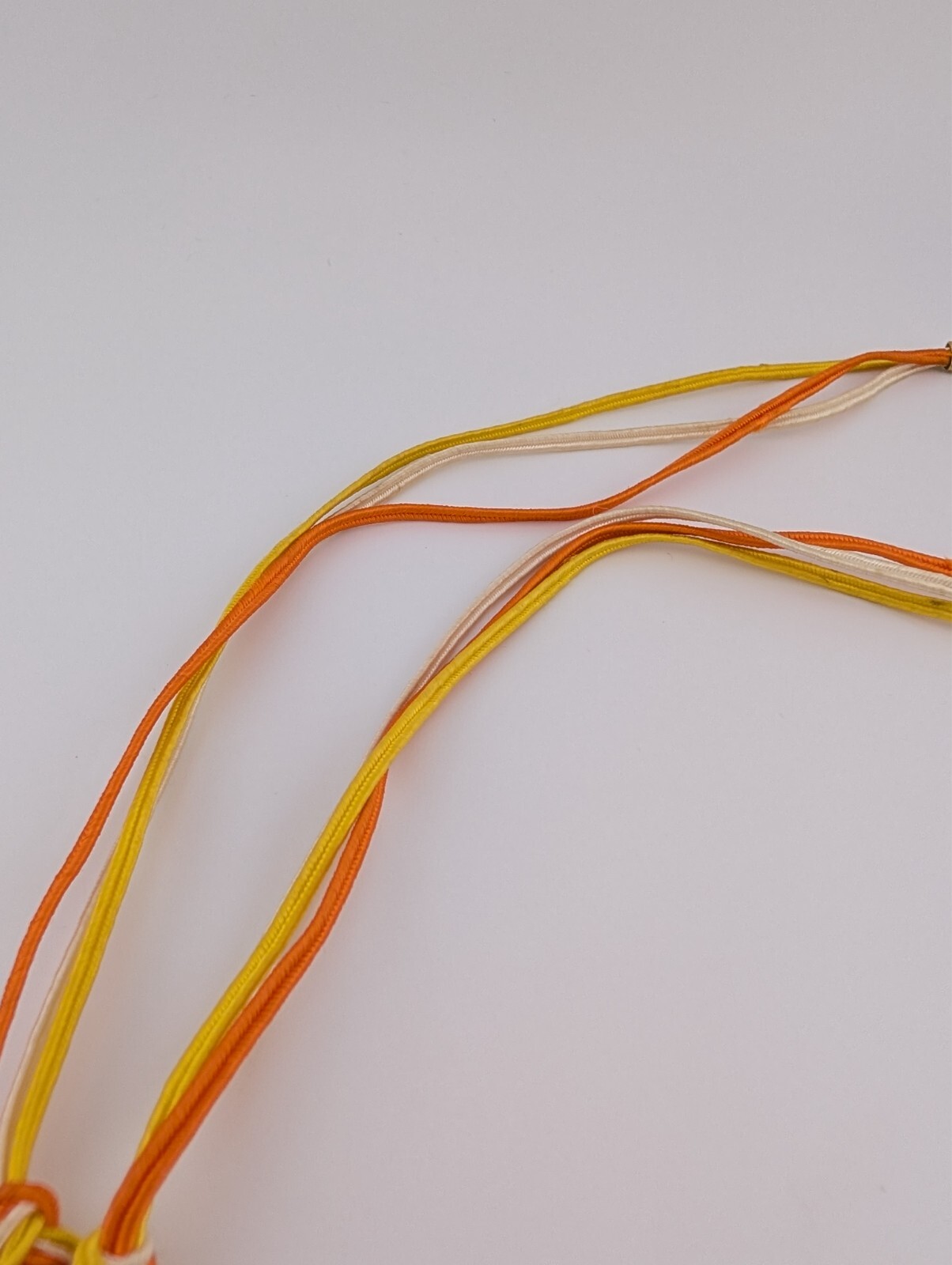 Vintage Gold Tone Fabric String Rectangle Cream Orange Enamel Pendant Necklace