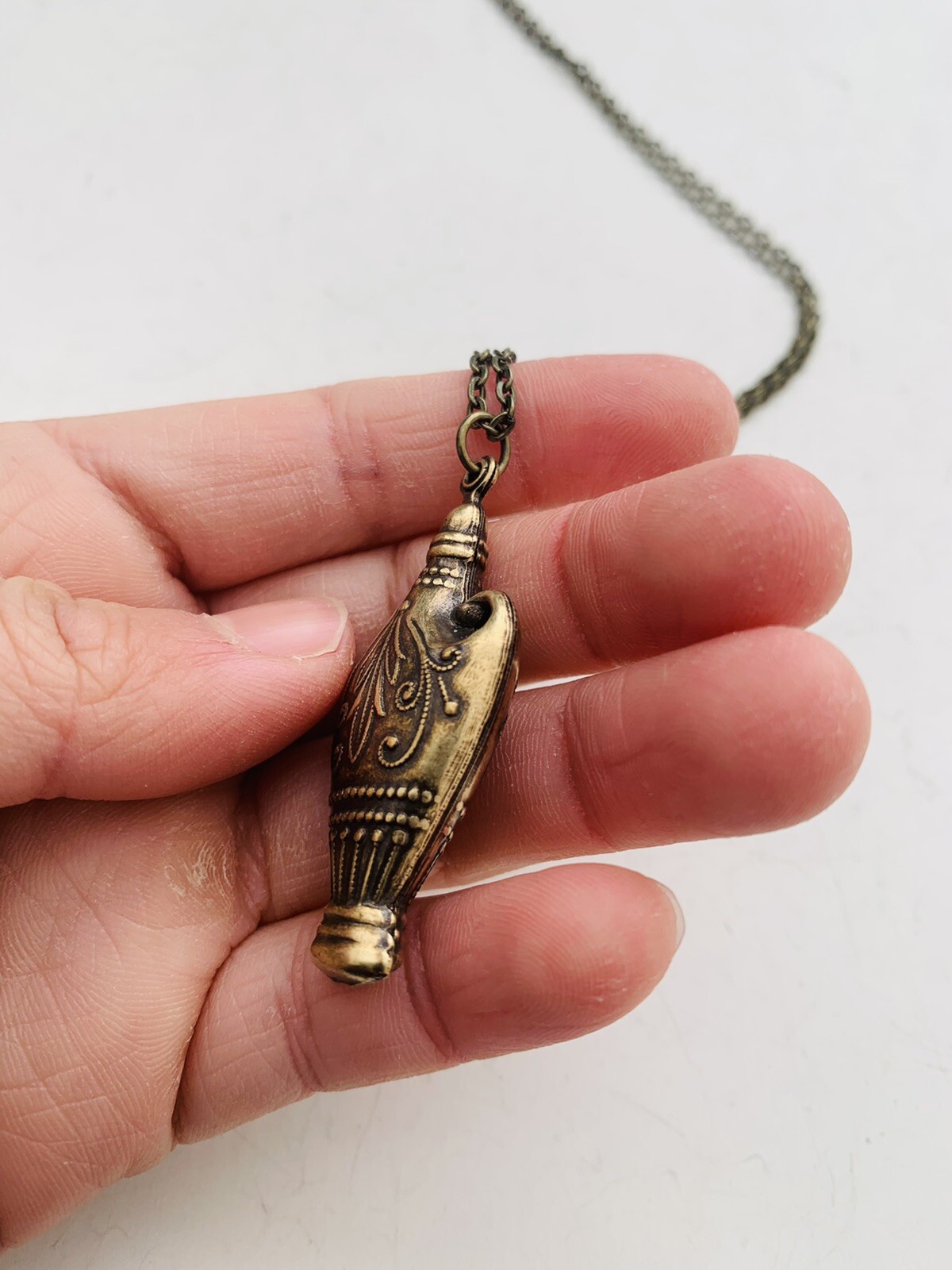 Vintage Style Bronze Tone Egyptian Revival Intricate Vase Pendant Necklace