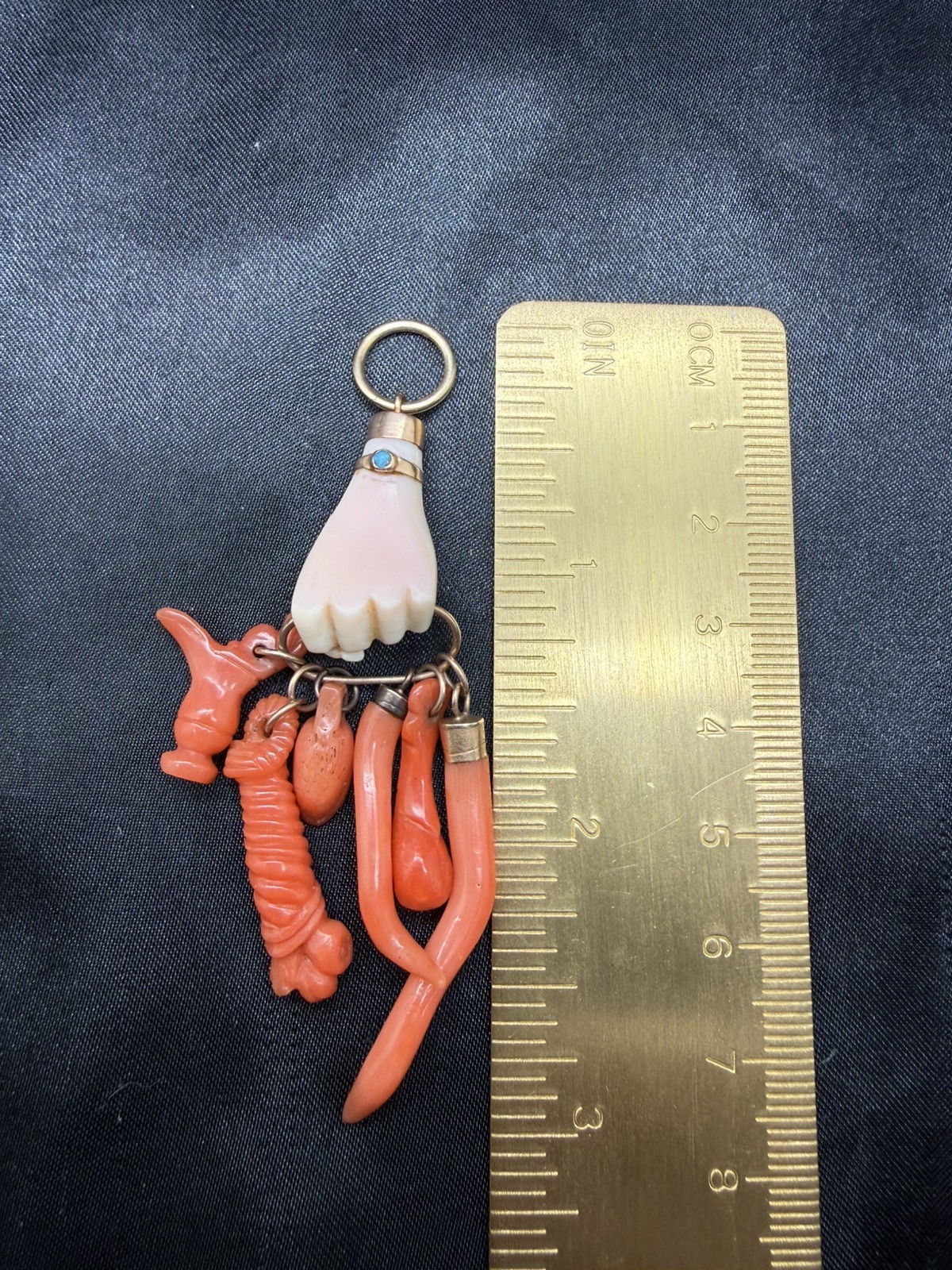 Antique Ca 1830-70s Angle Skin /Orange Coral Hand Figa & Charm Pendant Gold