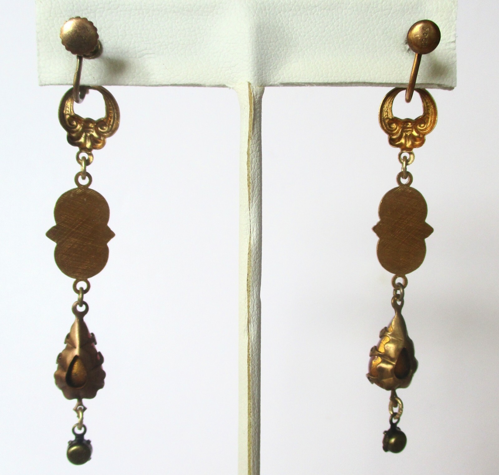 Pair of Antique Brass Screw Back Earrings With Opalescent Red Crystal Stones