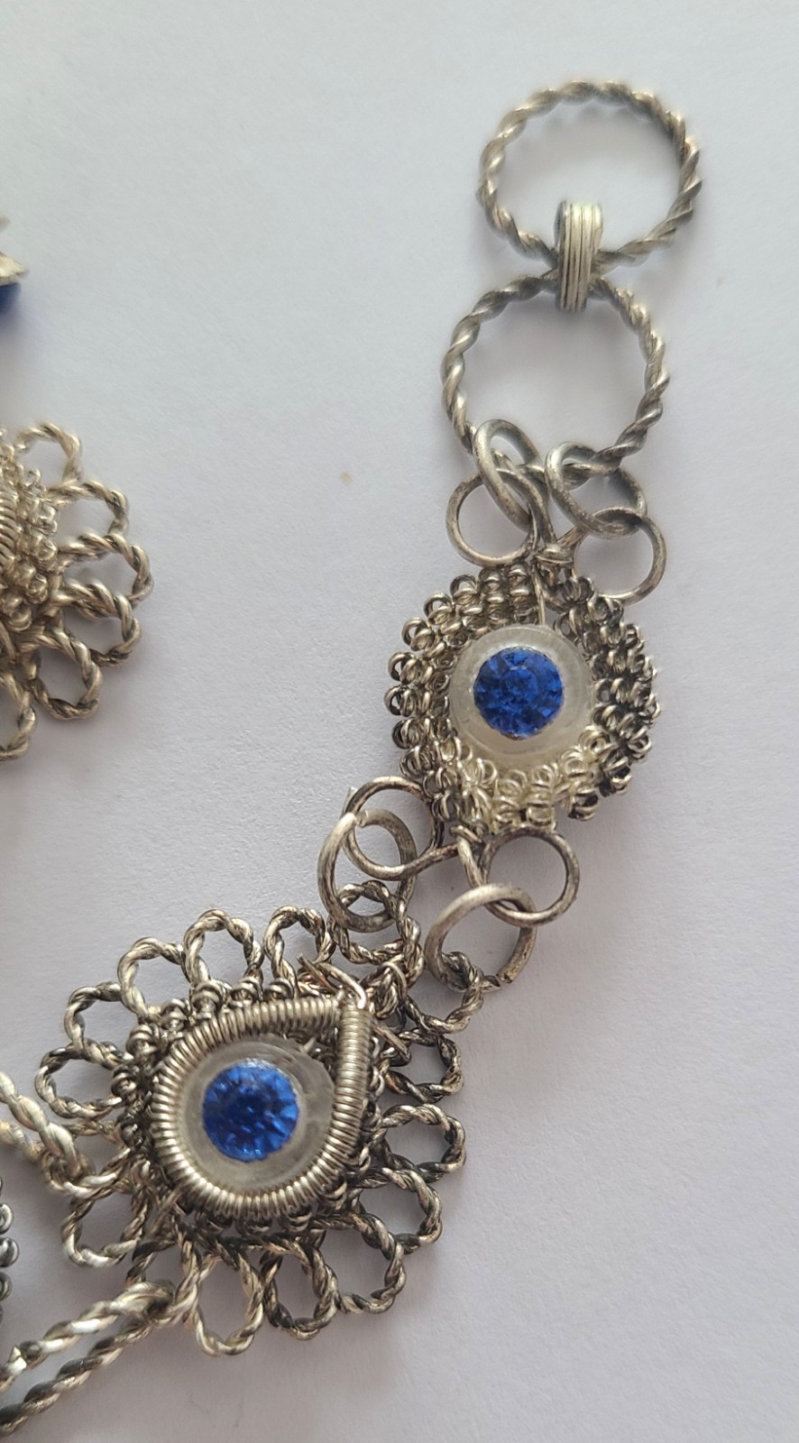 Vintage Cannetille Silver Plated Wire Bracelet And Screw Back Earrings Blue RS